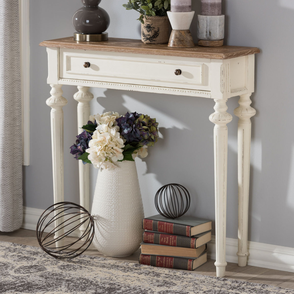 Marquetterie French Provincial Style Weathered Oak and White Wash Distressed Finish Wood Two-Tone Console Table