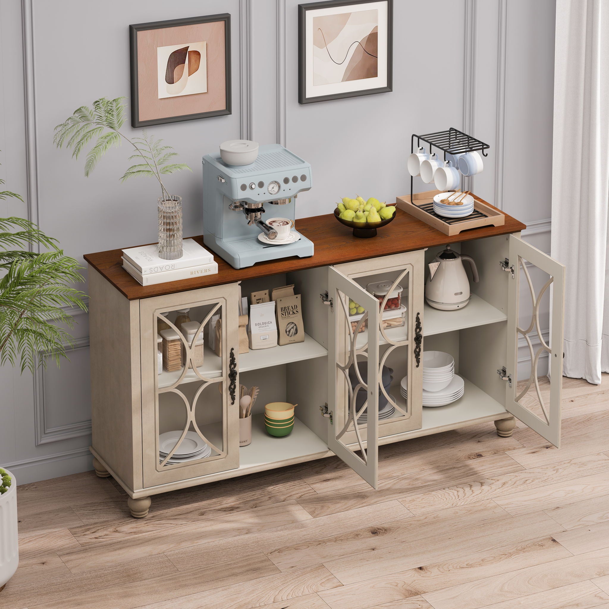 Elegant 4 Door Cabinet With Tempered Glass Doors