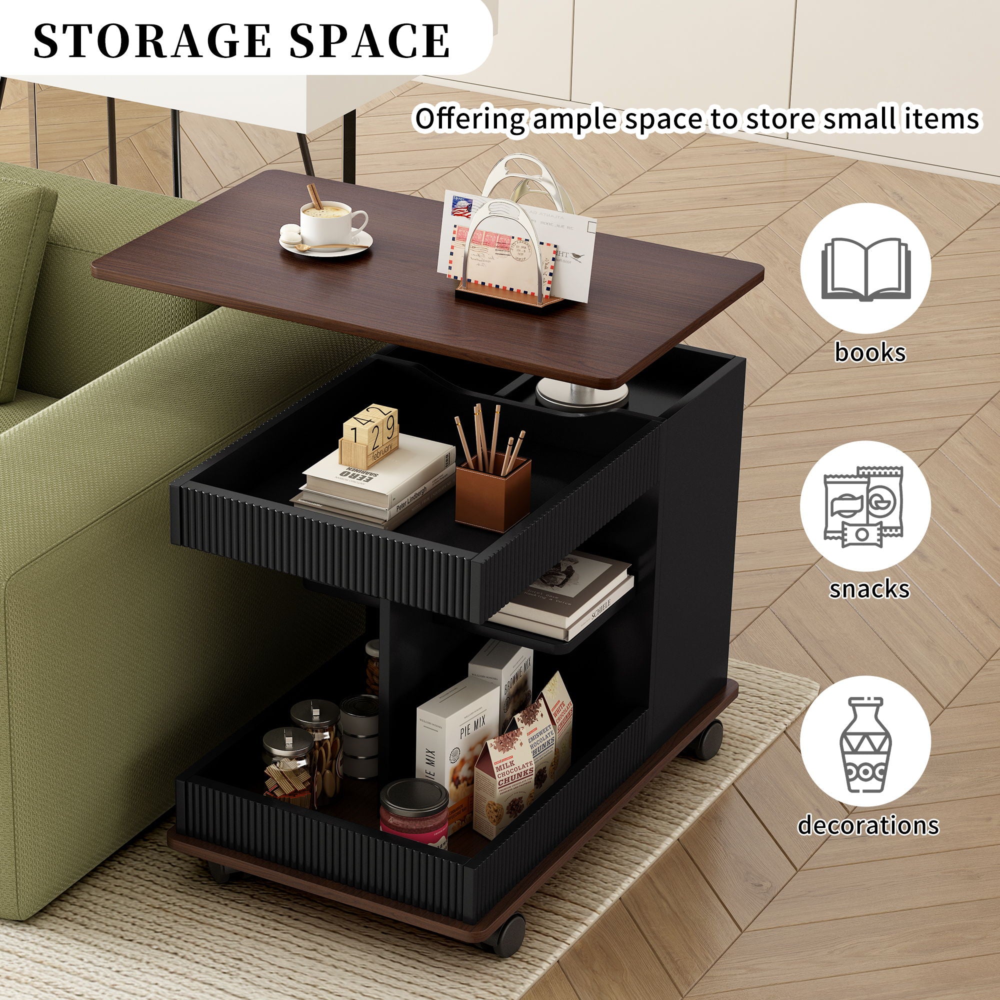 Adjustable End Table With Wheels, 360°Rotating Top And Storage Space