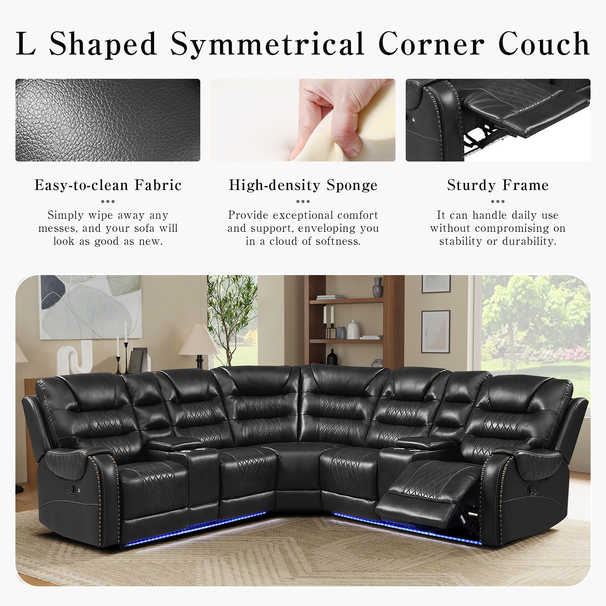 Manual Reclining Sectional Sofa Set, L Shaped Symmetrical Motion Sofa Corner Couch Sets With Storage Boxes, 4 Cup Holders And LED Light Strip For Living Room