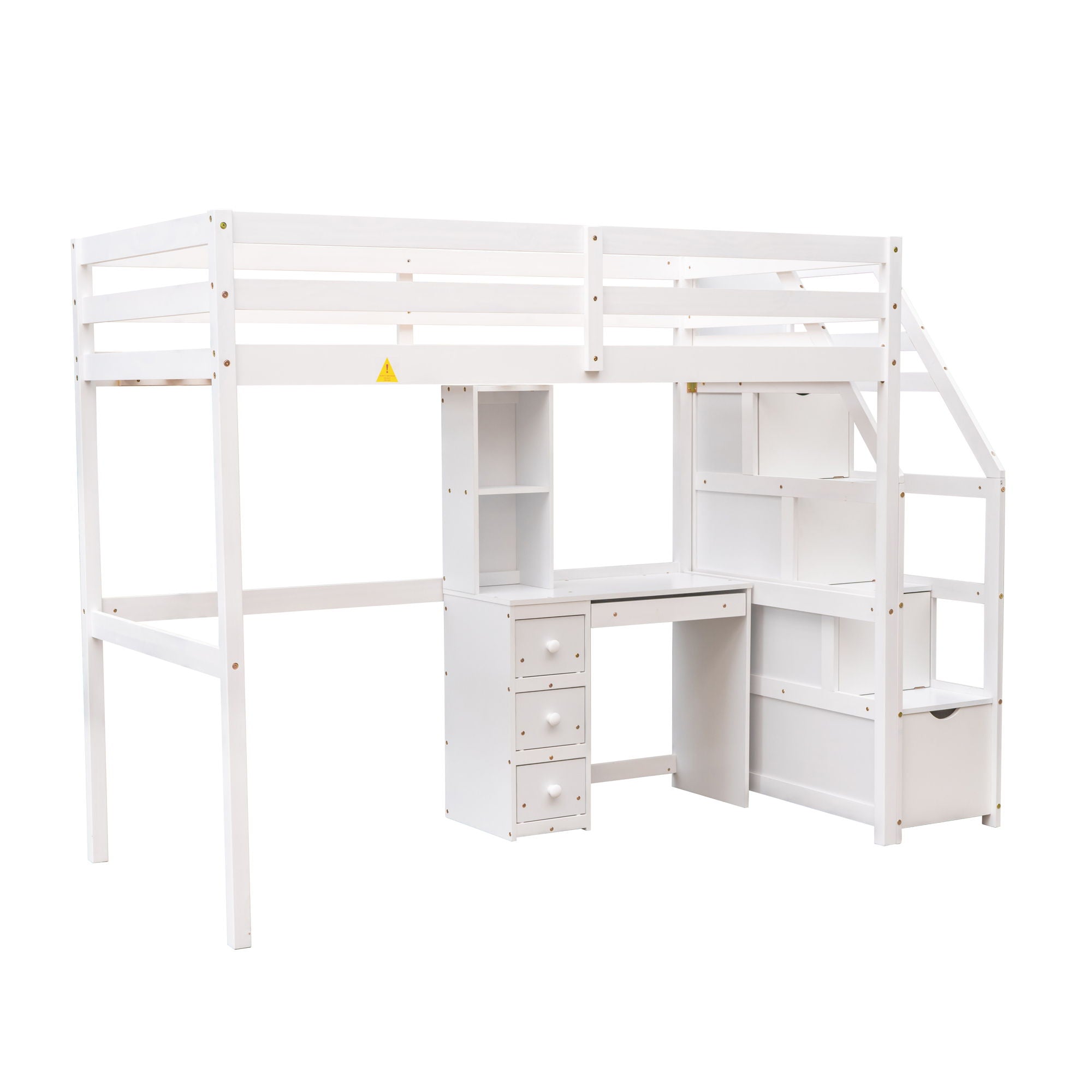 Loft Bed With Stand Alone Bed, Storage Staircase, Desk, Shelves, And Drawers