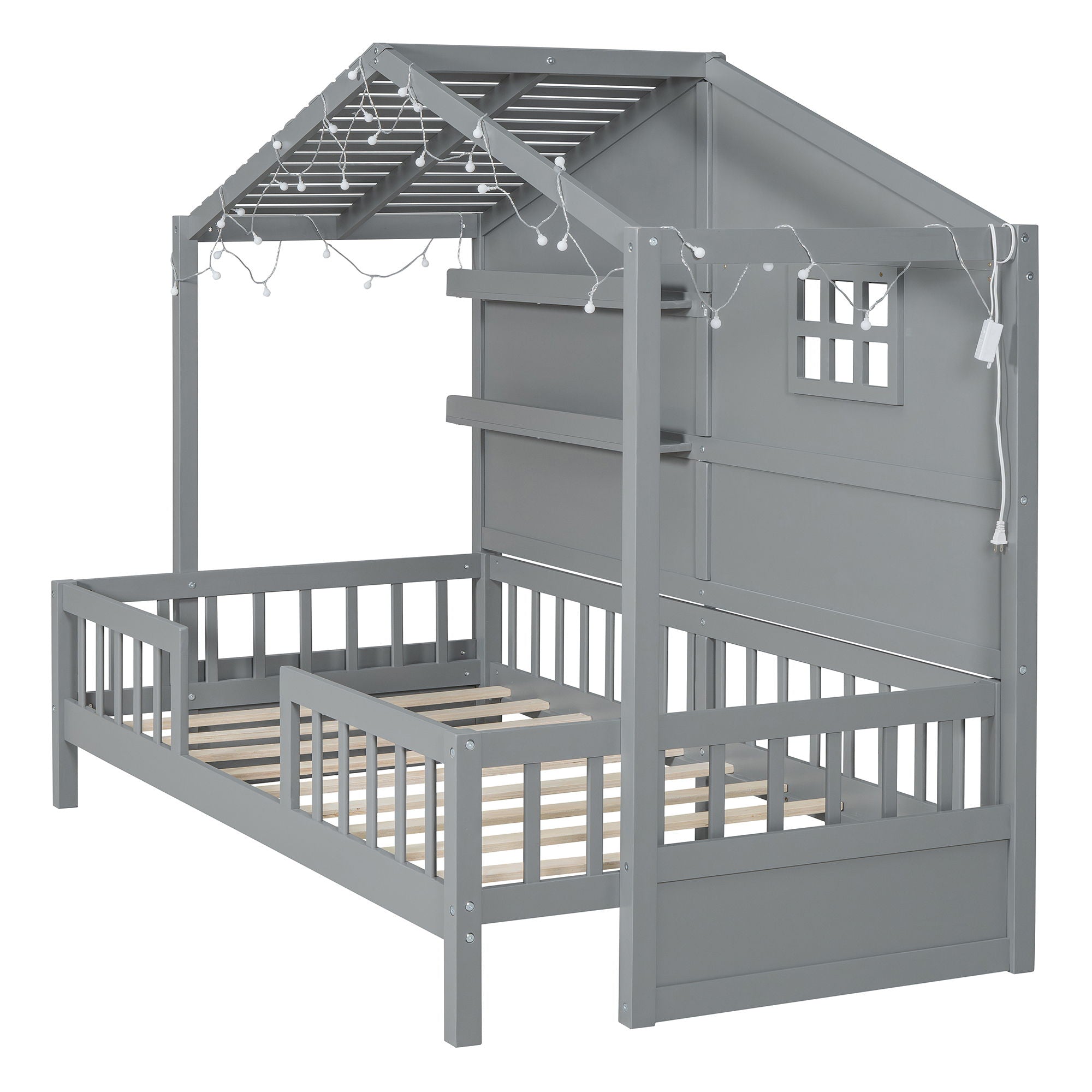 House Bed With Shelves, Window And Sparkling Light Strip On The Roof