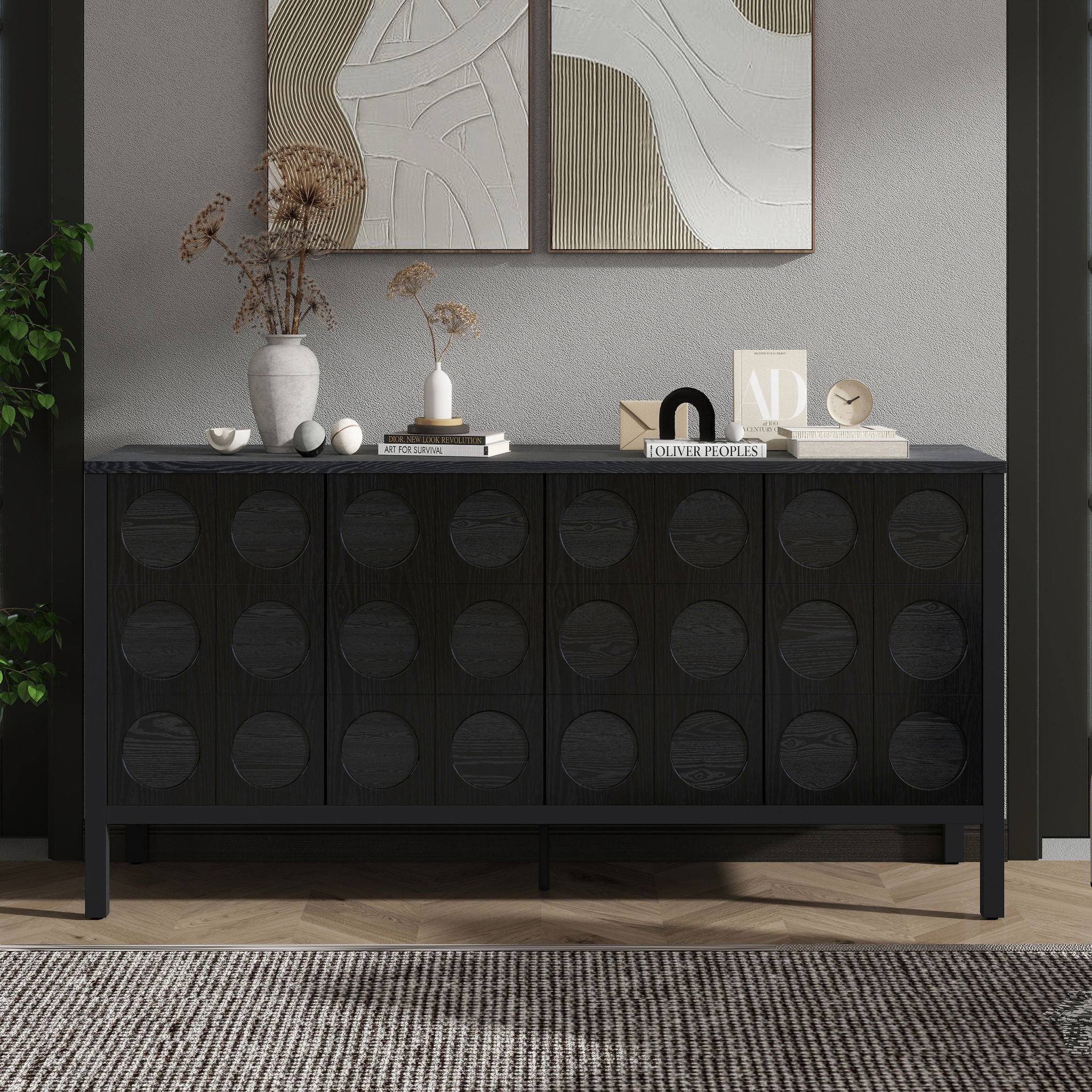 Stylish Storage Cabinet Sideboard With Unique Geometric Circle Door Design - Black