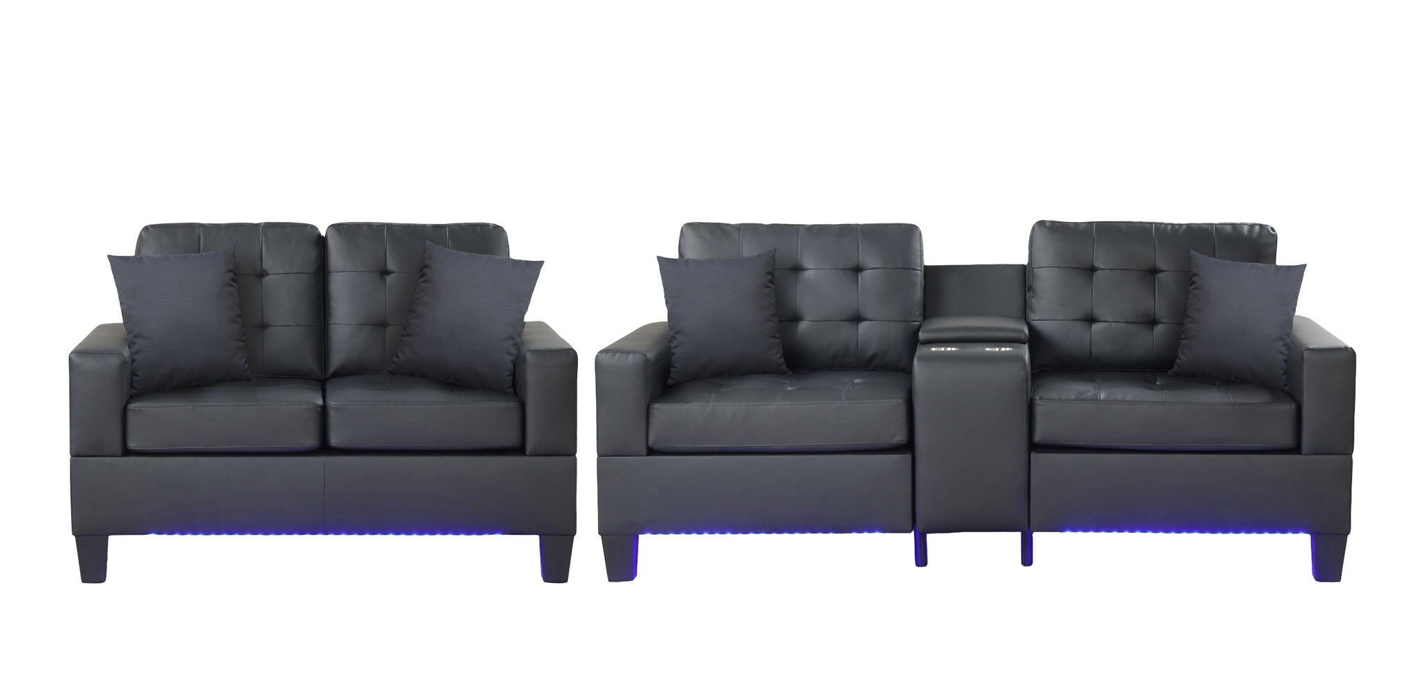 Genesis Black PVC Fabric Sofa Loveseat Living Room Set with LED Lights, USB Charger, Storage Console, Cupholders, Tufted Cushions