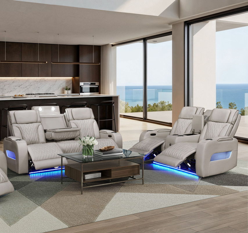 Jazz Ice Leather Aire Transformer Power Reclining Sofa & Loveseat Living Room Set with Power Headrest, Bluetooth Speakers, LED Lights, Wireless Charging Drop-Down Table, USB & USB-C Ports, Storage & Cupholders