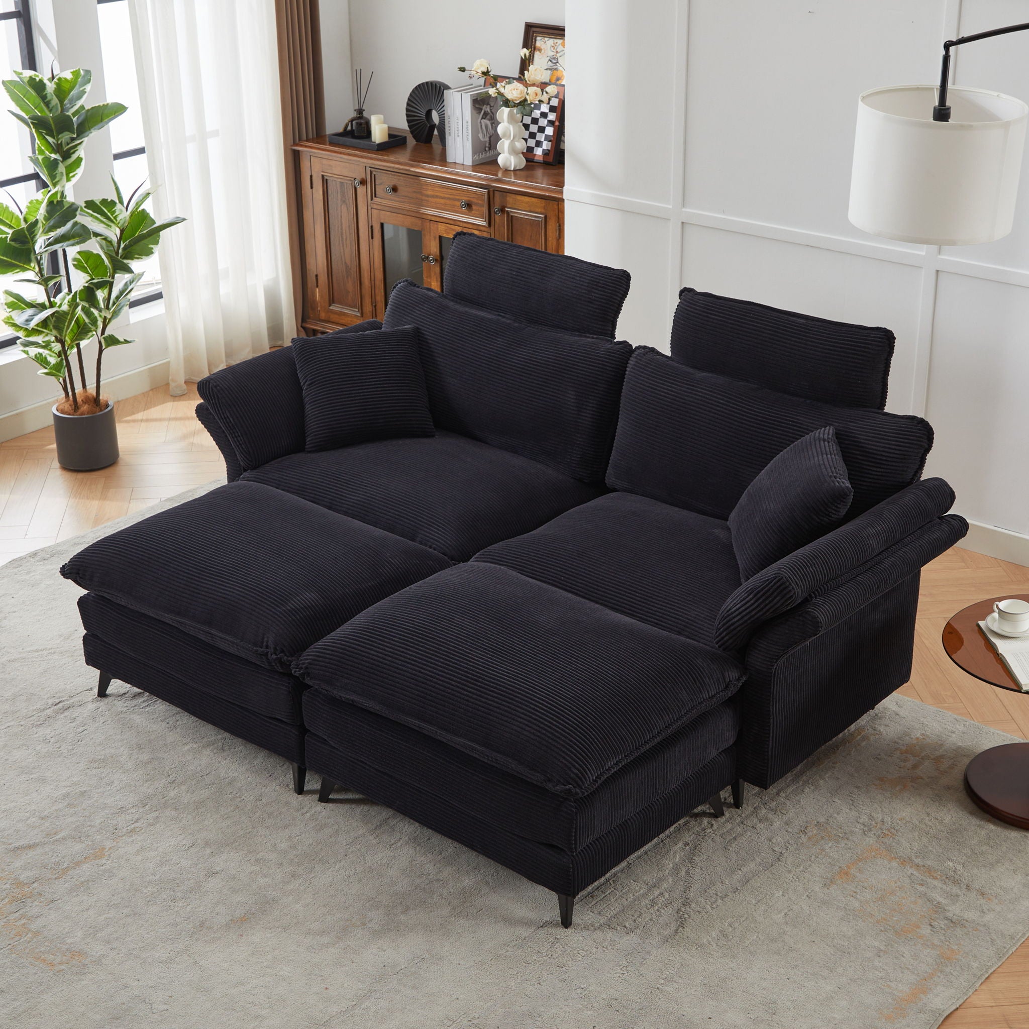 Modern Corduroy Deep Seat Sectional Sofa With Ottoman