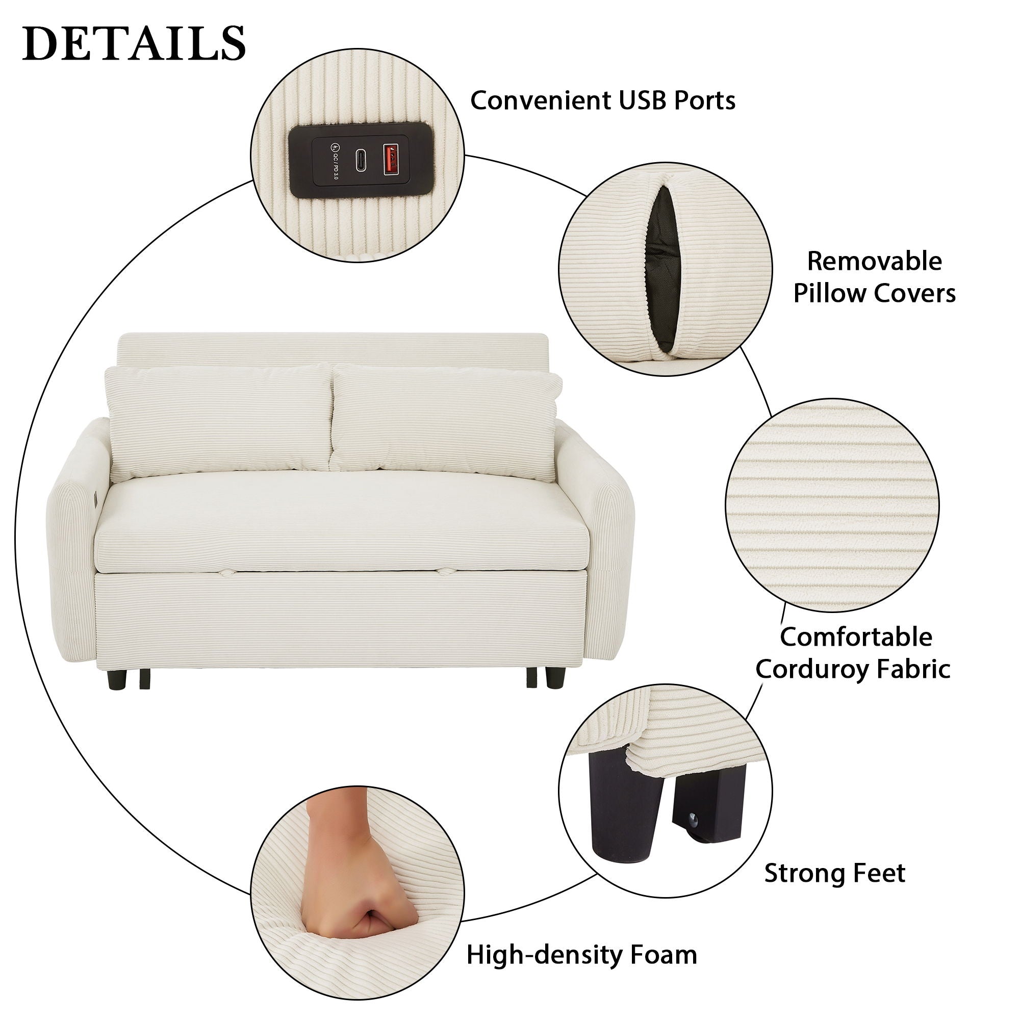 Pull-Out 2 Seat Modern Sleeper Sofa With 2 Throw Pillows And USB Ports