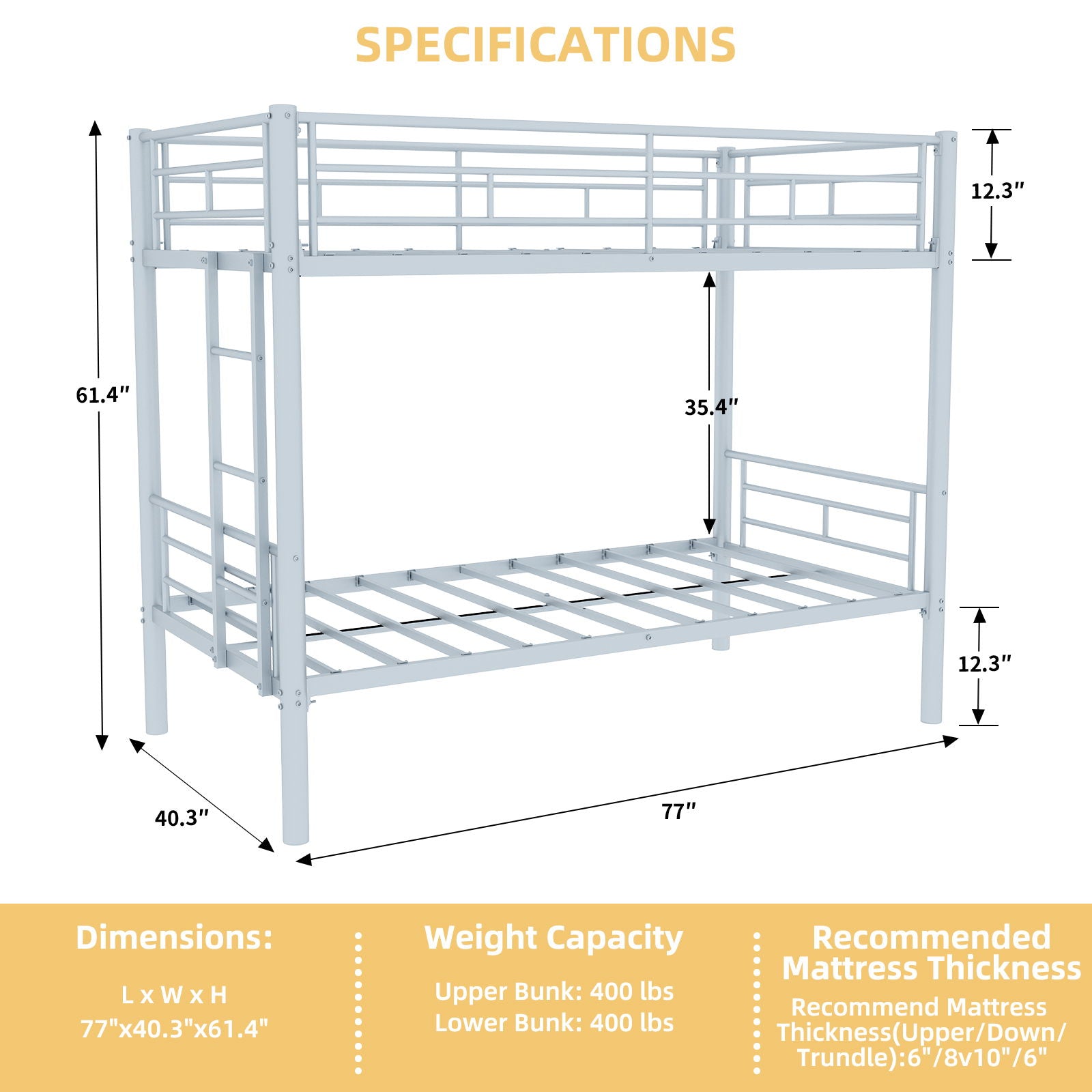 Metal Bunk Bed For Kids, Convertible Bedframe With Ladders & Guardrail