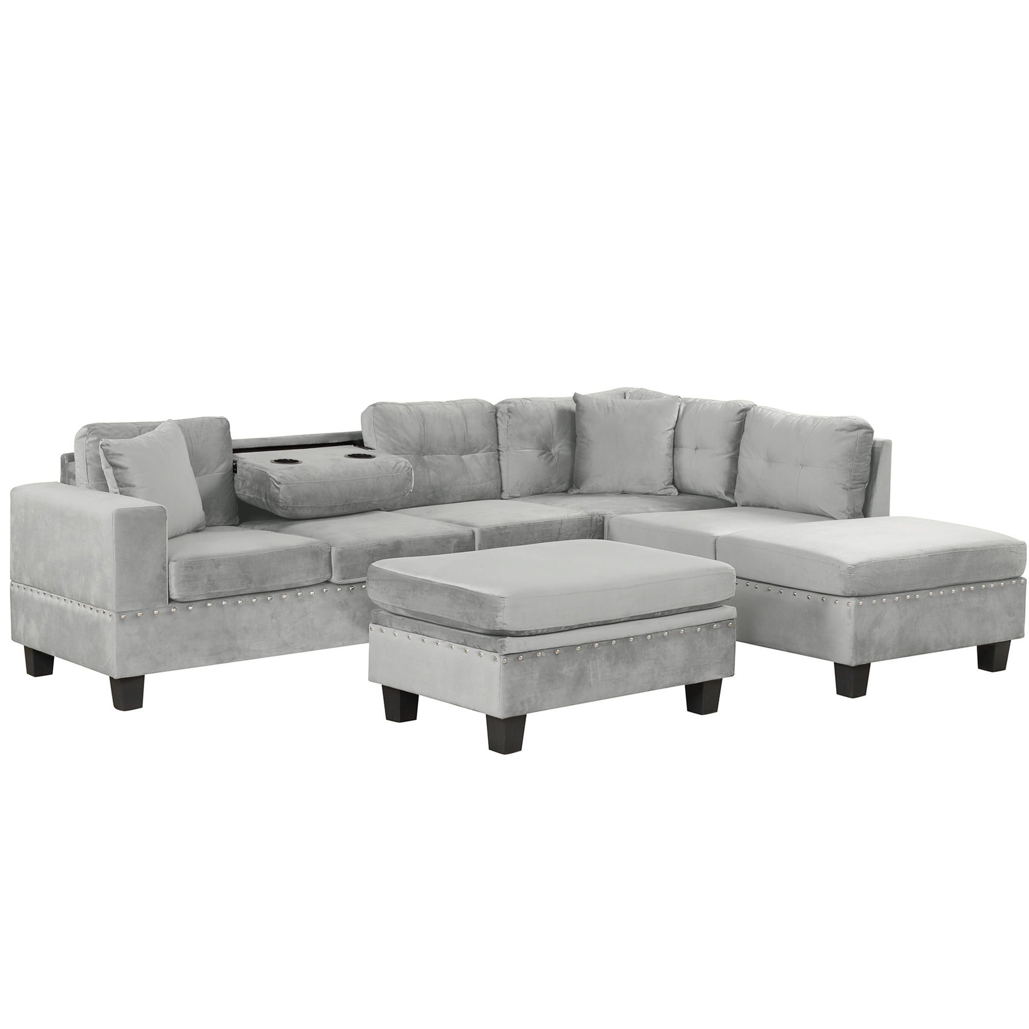 Modern Sectional Sofa With Storage Ottoman, L - Shape Couch With 2 Pillows And Cup Holders