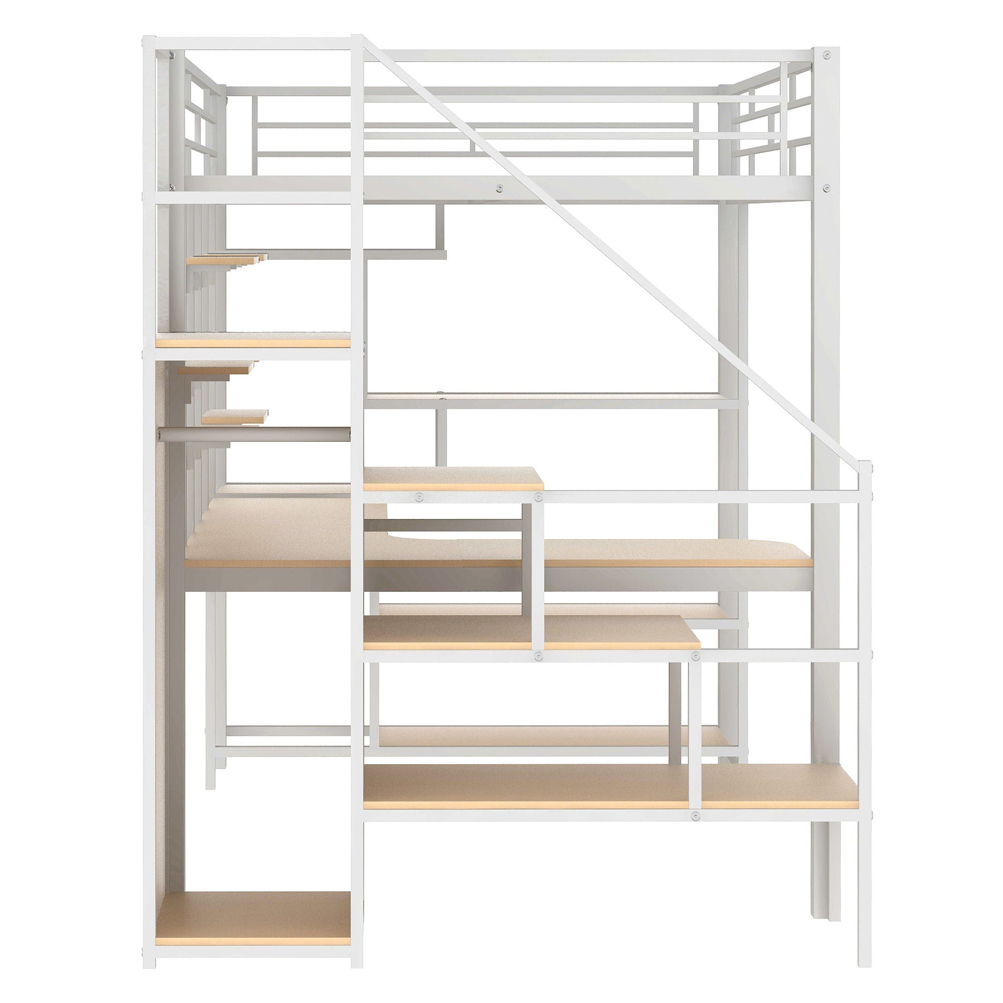 Loft Bed With Storage Staircase And Small Wardrobe, Built - In Desk And Storage Shelves