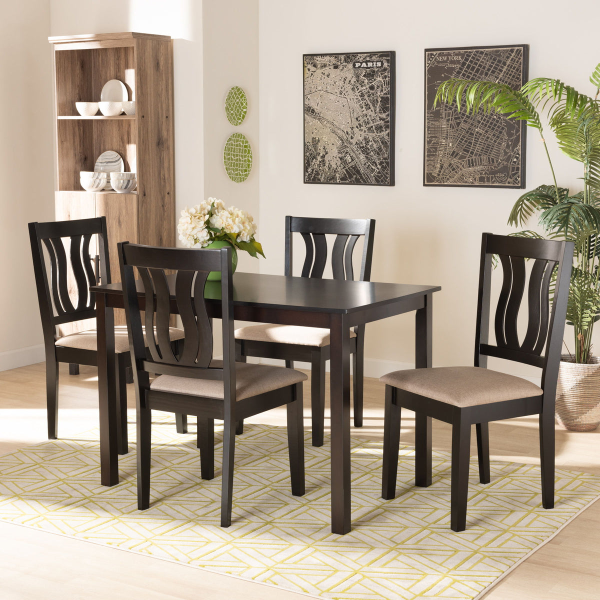 Fenton Modern and Contemporary Sand Fabric Upholstered and Dark Brown Finished Wood 5-Piece Dining Set