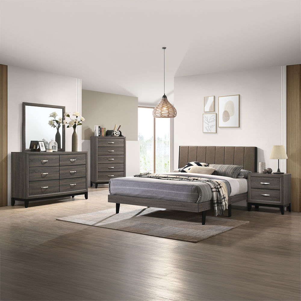 Valdemar - Queen Bed - Brown Fabric & Weathered Gray