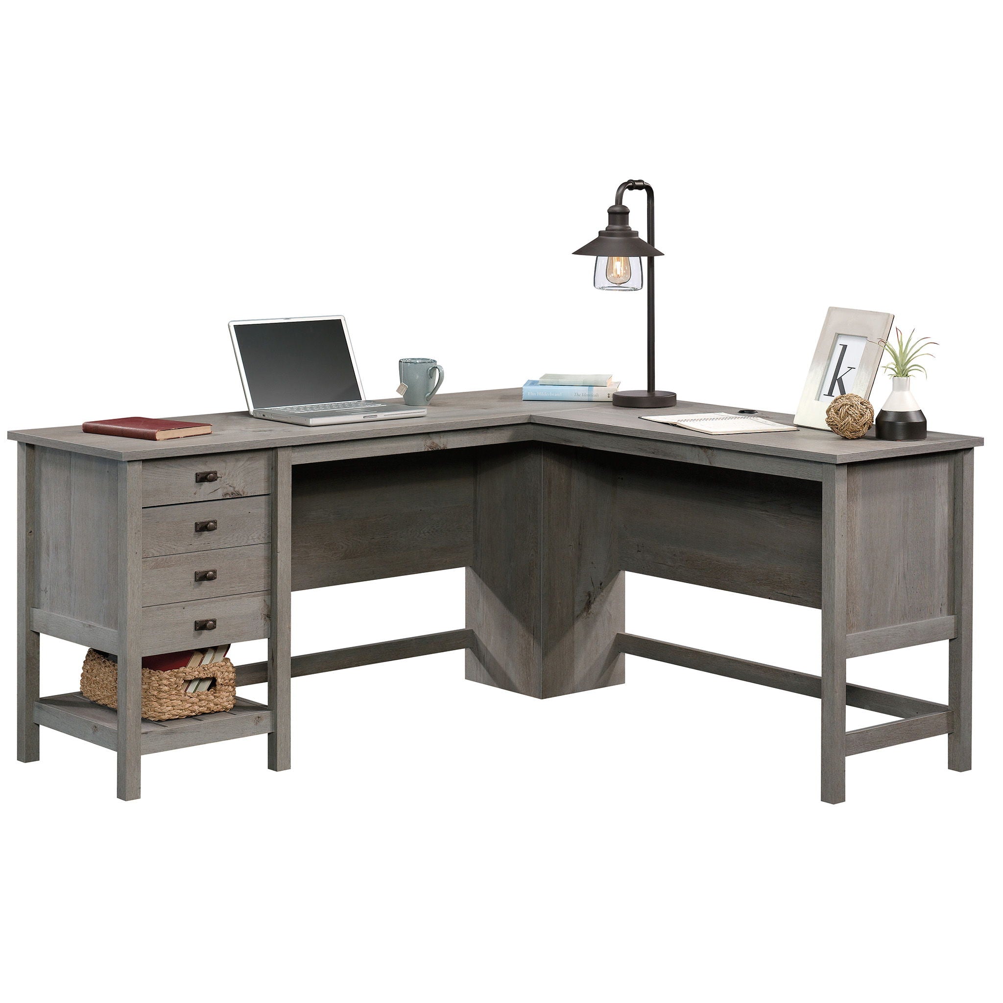 Wood L-Shaped Desk in Mystic Oak Finish