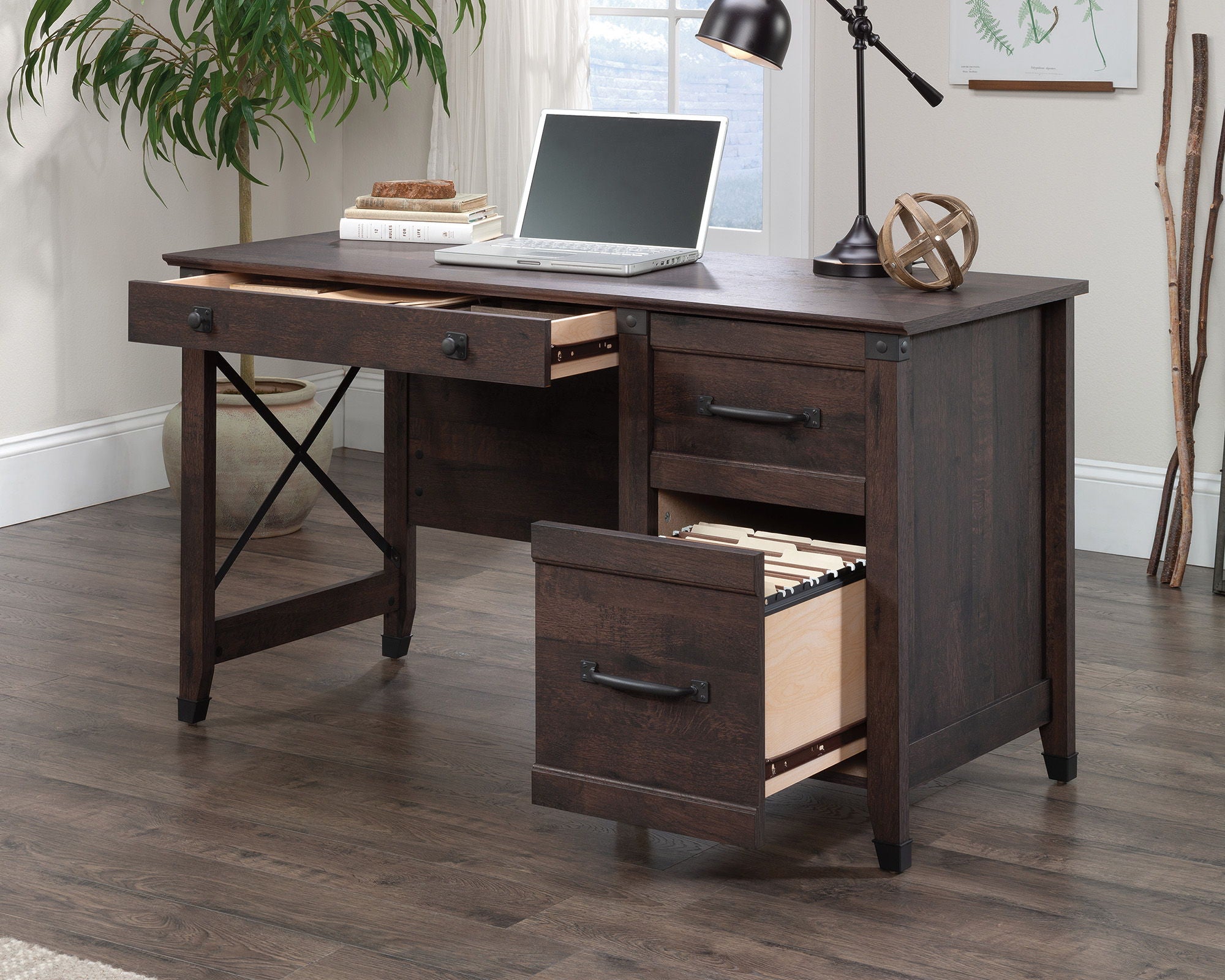 Single Pedestal Desk with Drawers, Coffee Oak