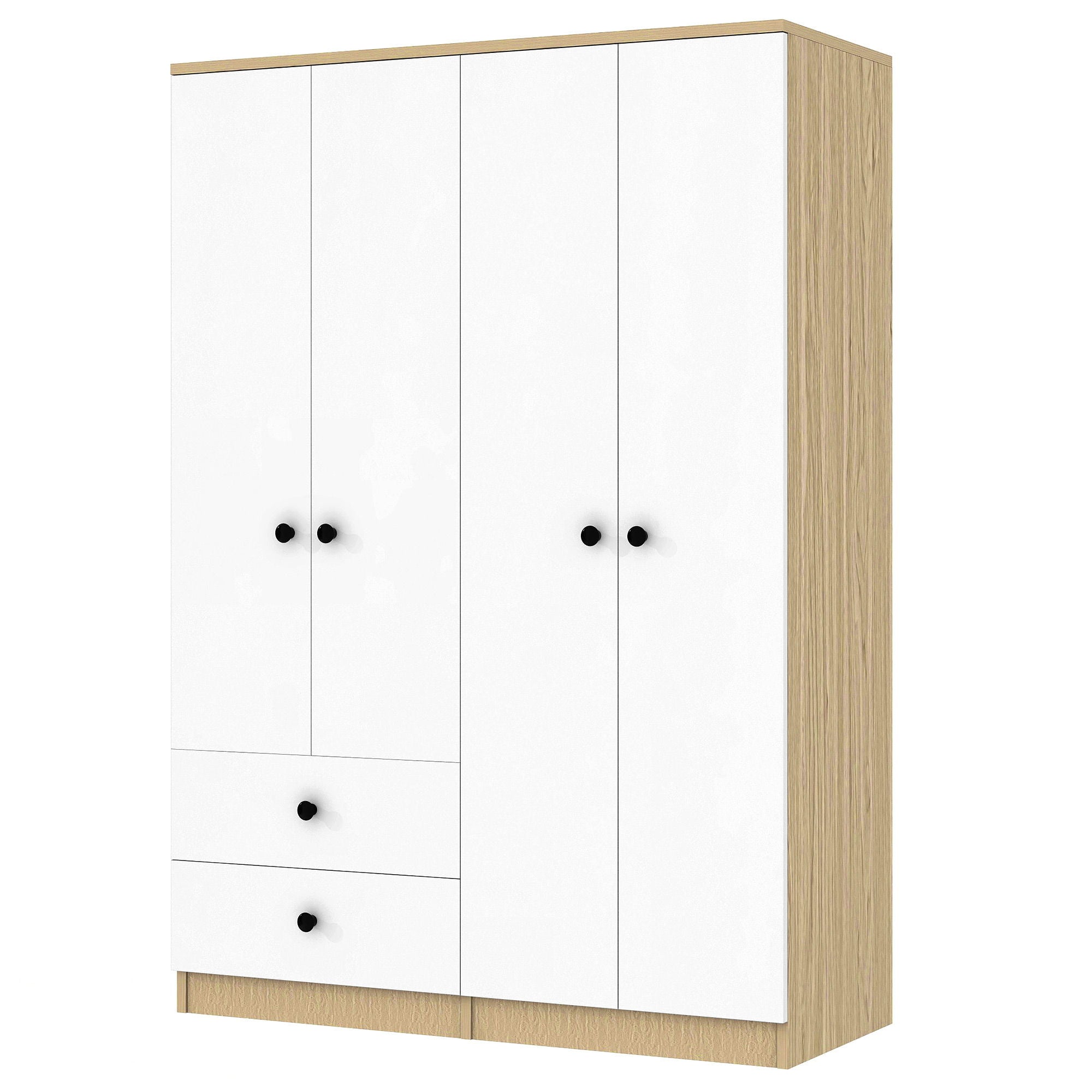4 Door Wardrobe Closet With Drawers, Shelf, And Hanging Rod - White / Natural