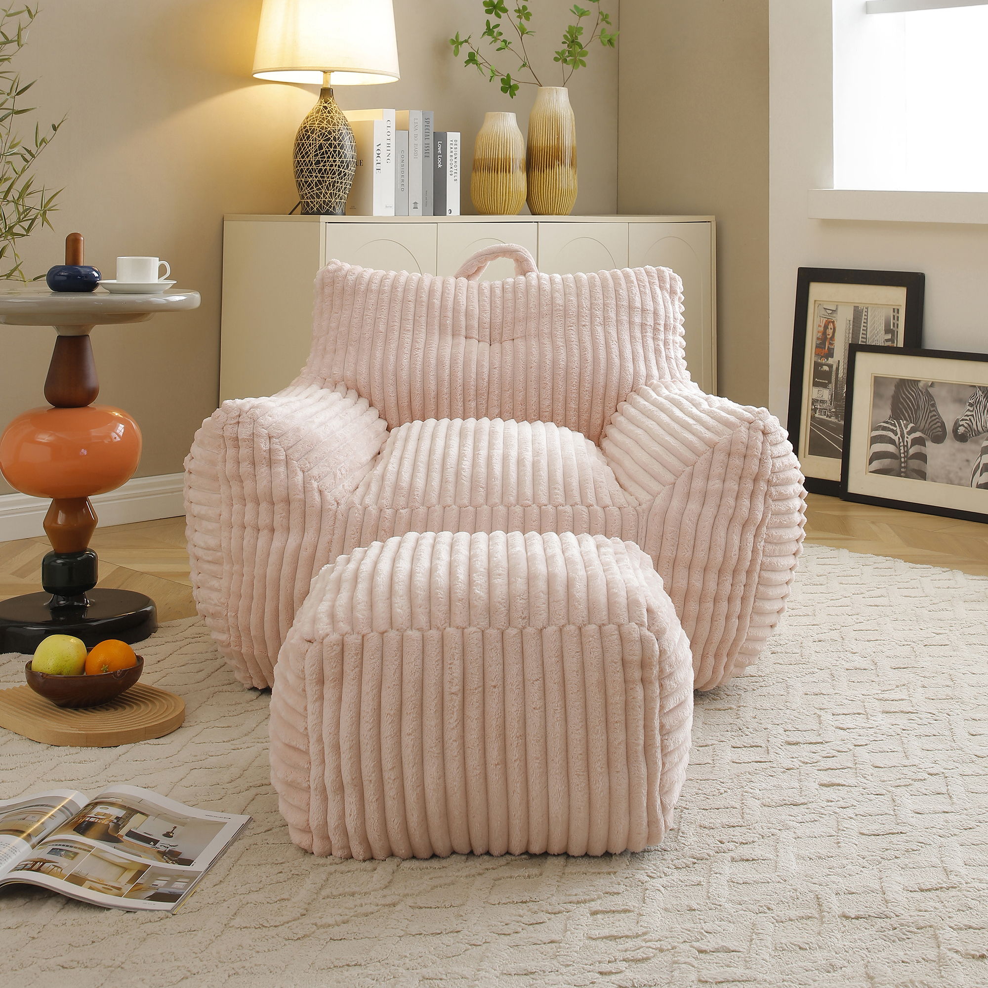 Giant Plush Bean Bag Chair With Armrests And Footstool