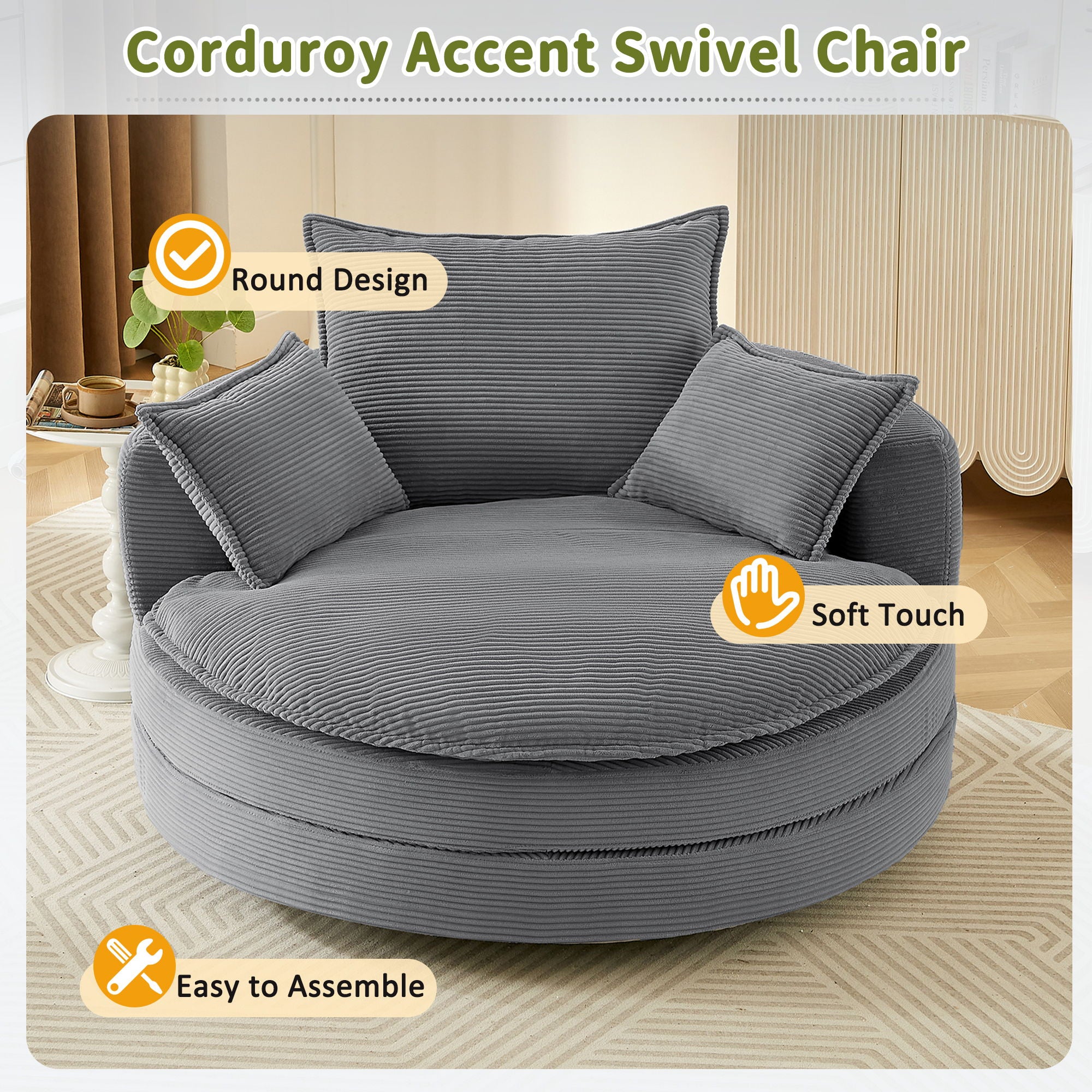 360° Swivel Accent Barrel Chair With Dual Layer Cushion And 3 Removable Pillows