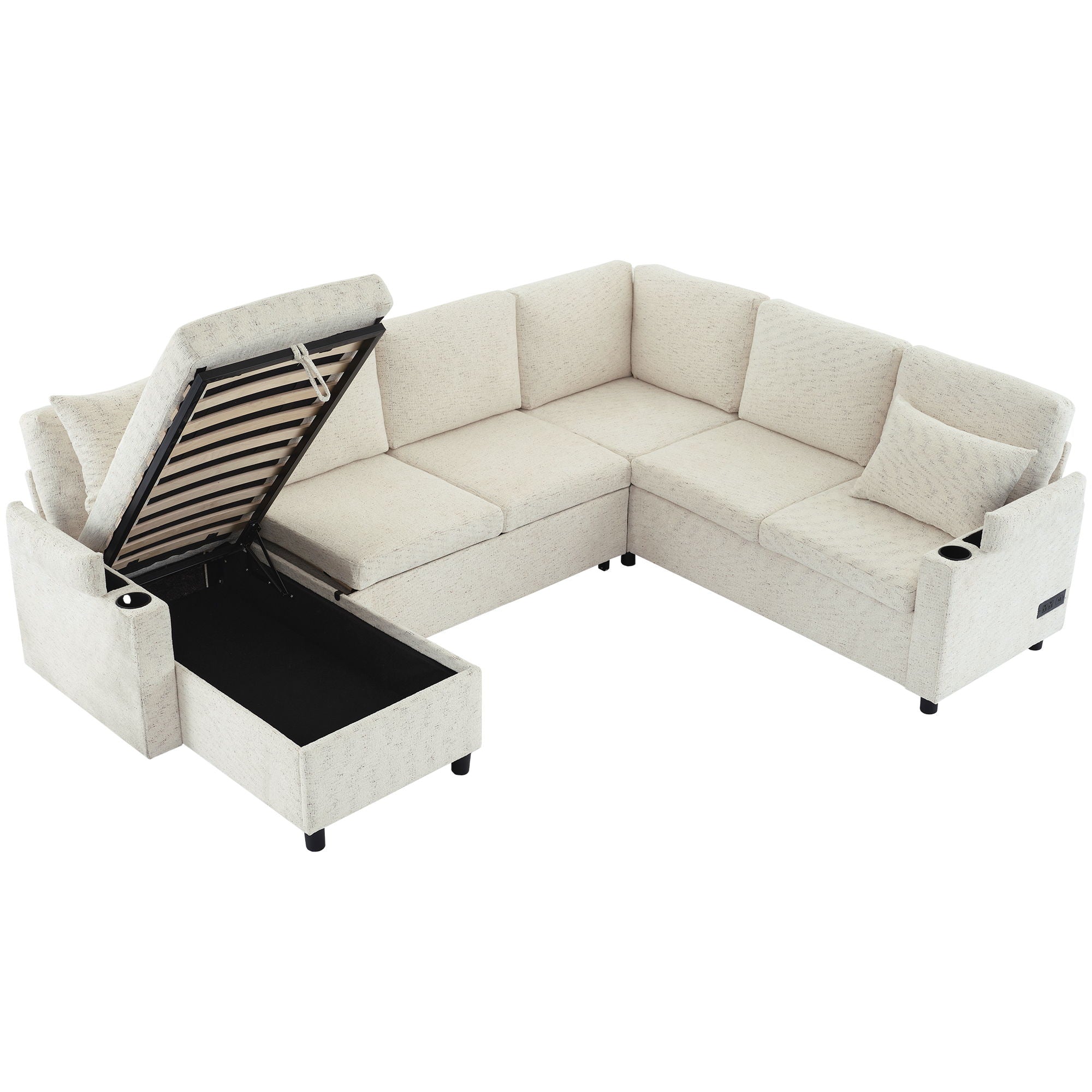 U-Shaped Sectional Sleeper Sofa With Ample Storage Space, 2 Cup Holders And Charging Ports For Living Room