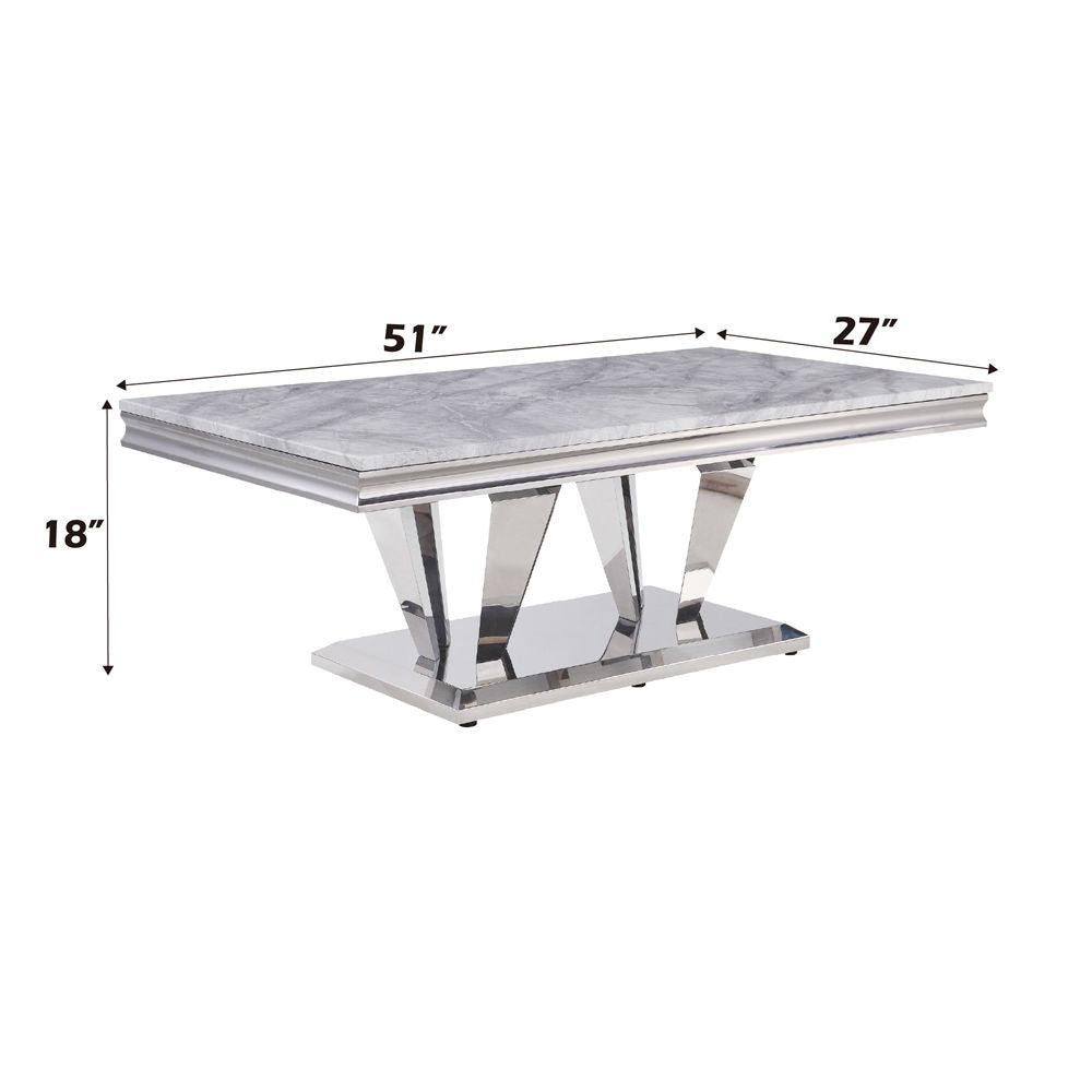Satinka - Coffee Table - Light Gray Printed Faux Marble Top & Mirrored Silver