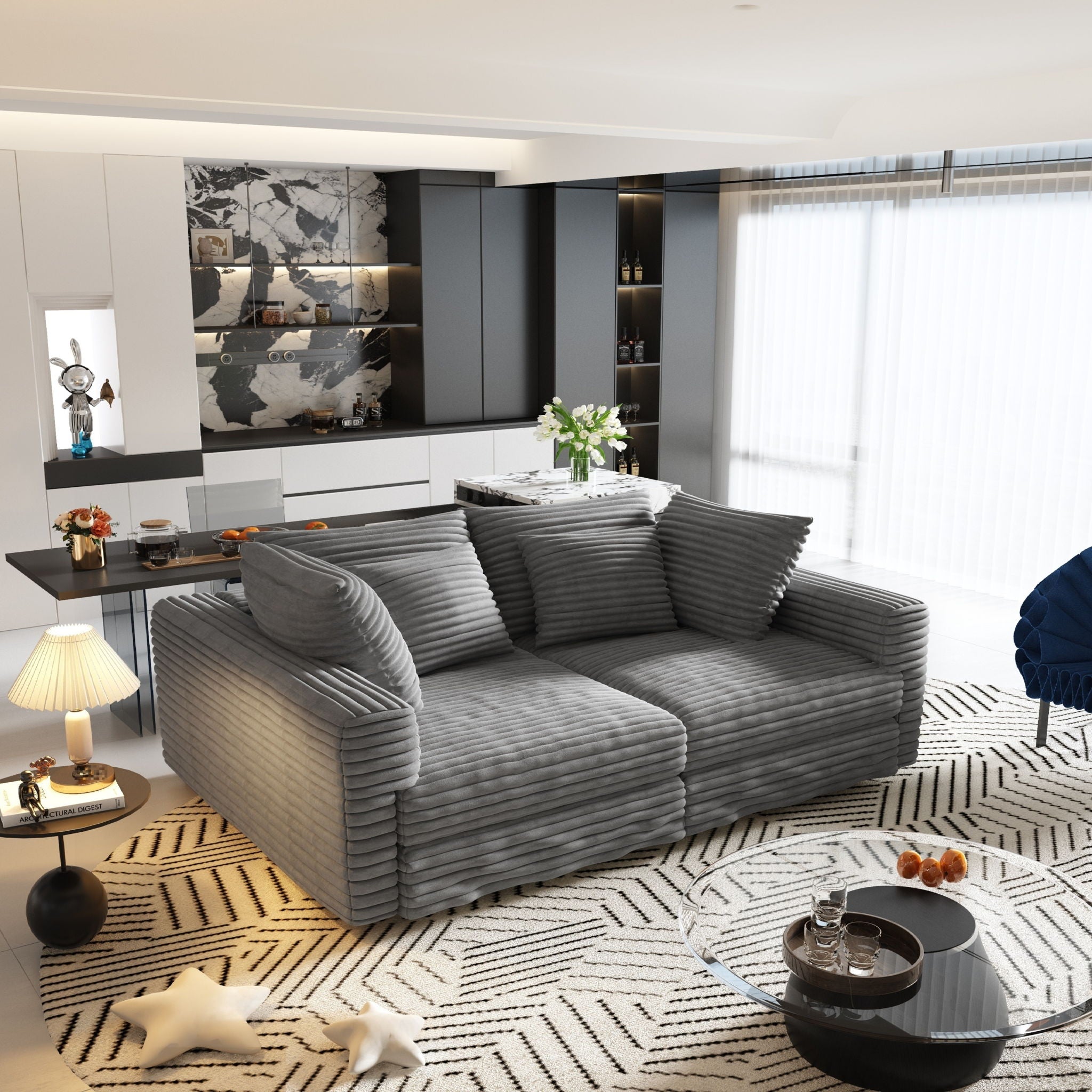 Plush Corduroy 4 Seat Sofa With Soft Pillows And Movable Ottoman