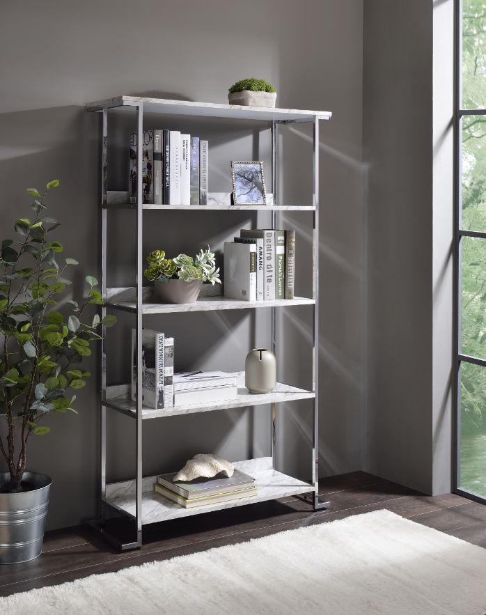 ACME Visage - Bookshelf - White Printed Faux Marble & Chrome | Meri Furniture