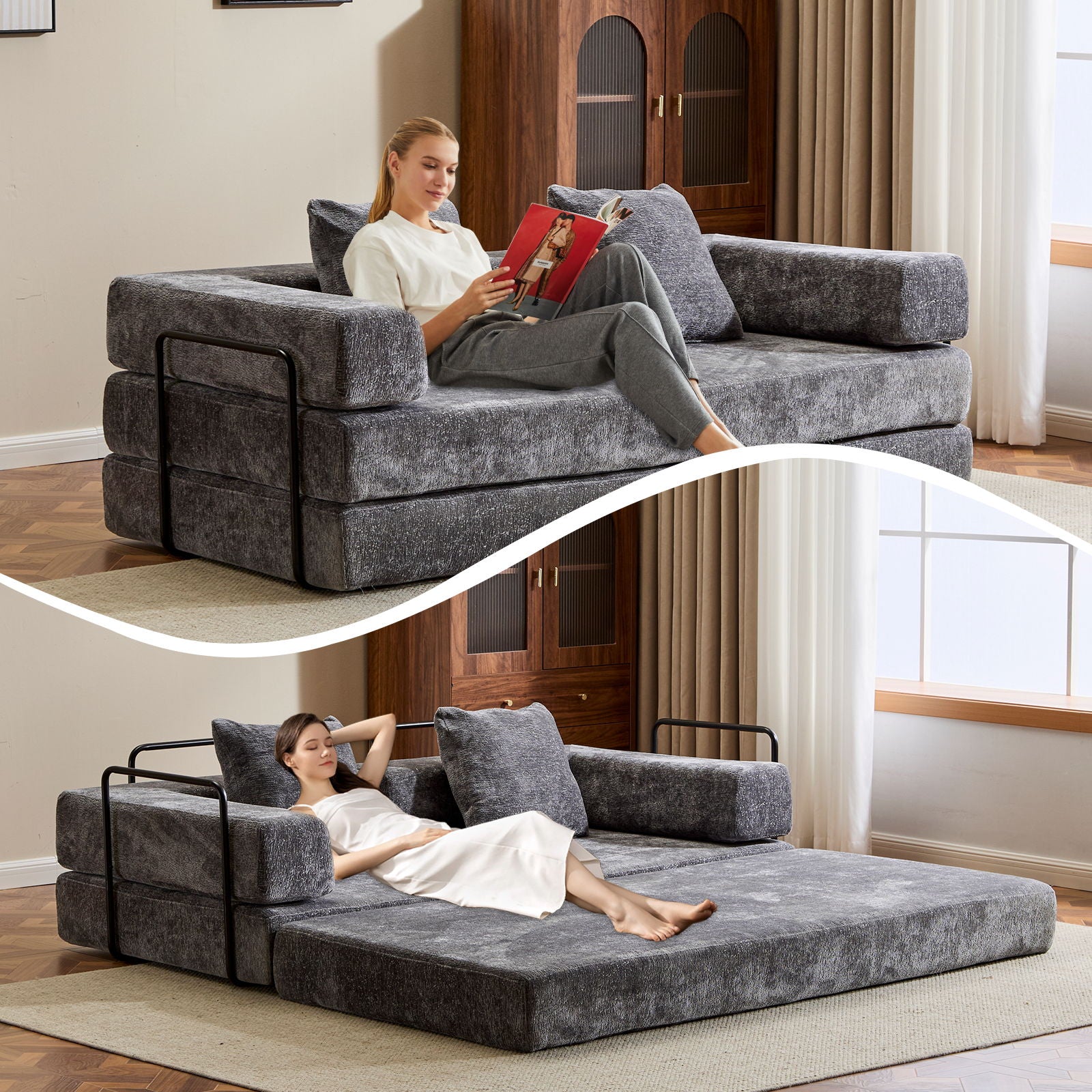 Convertible Floor Sofa Bed With Pillow Back Support Armrest
