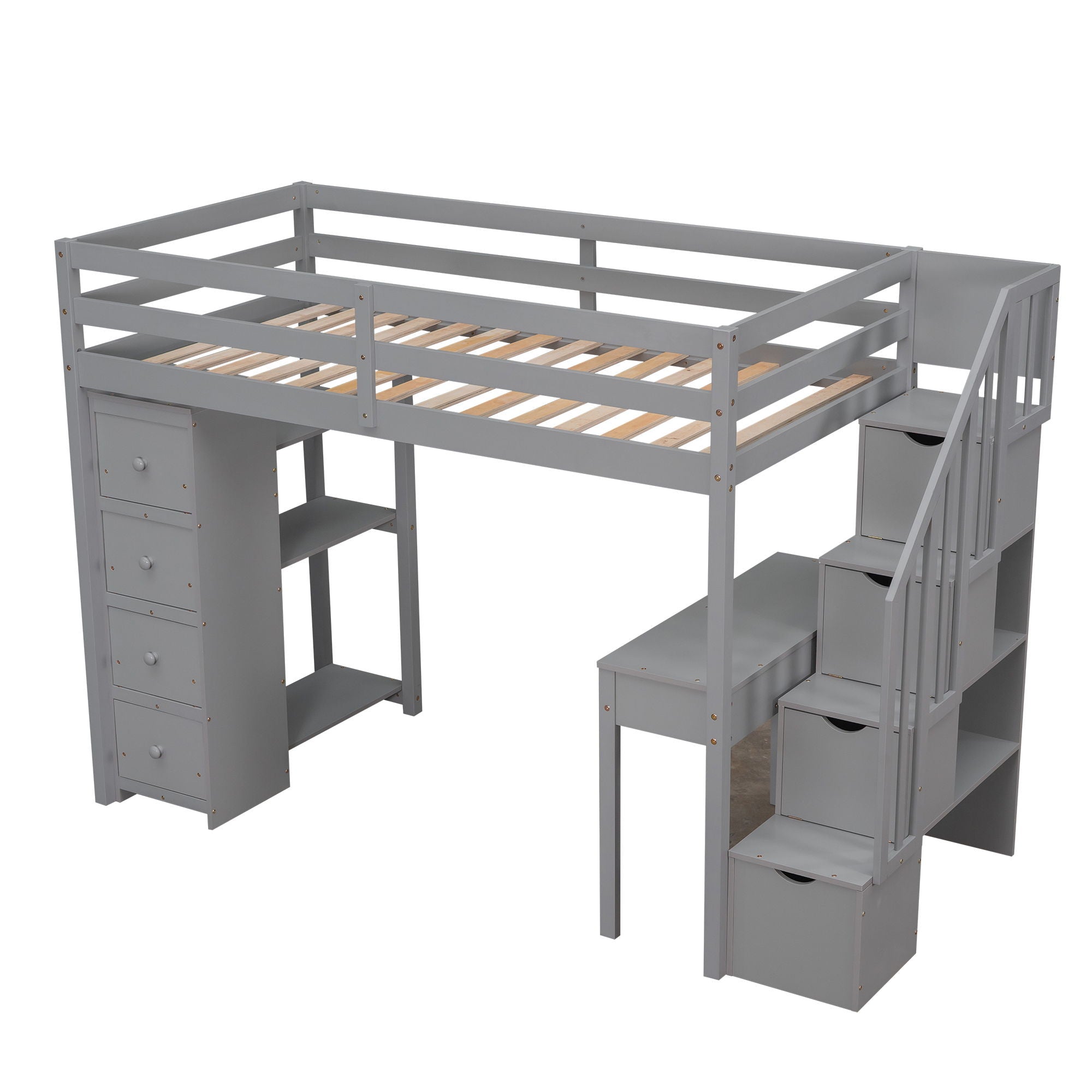 Loft Bed With Storage Drawers, Desk And Stairs With Shelves