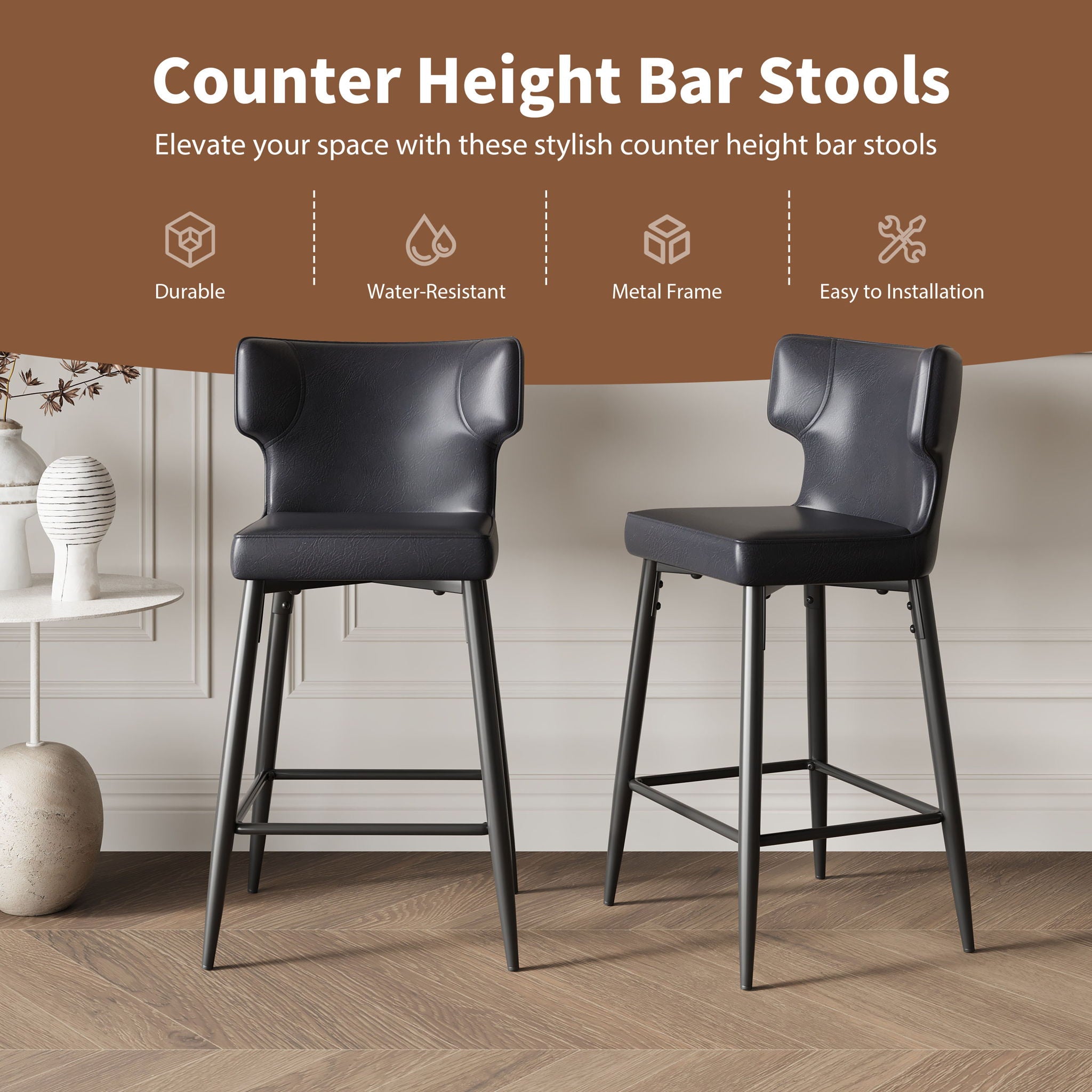 Modern Bar Stools With Upholstery And Metal Footrest (Set of 2)