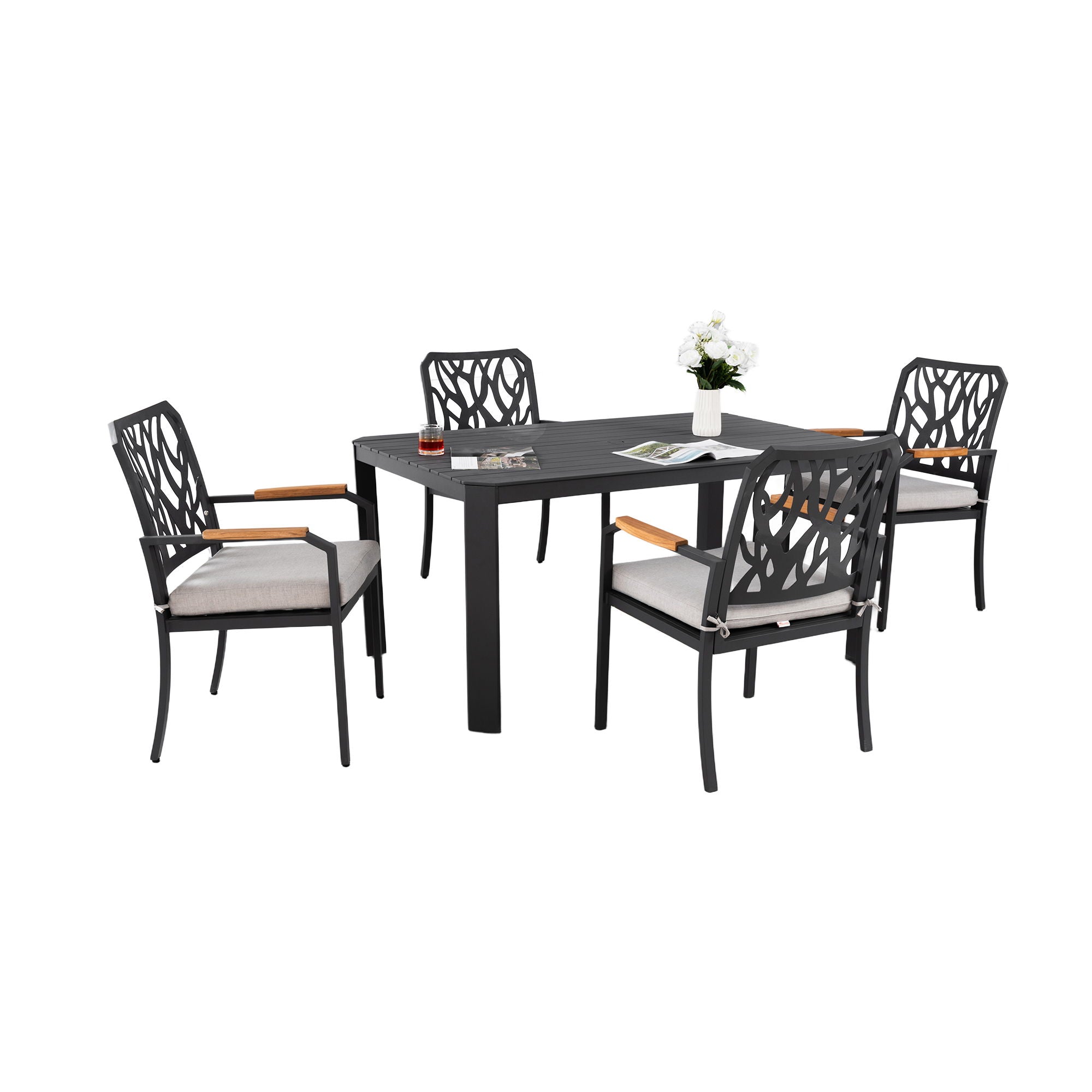 Outdoor Patio Furniture Dining Set With Sunbrella Fabric, Rectangular Table With Umbrella Hole