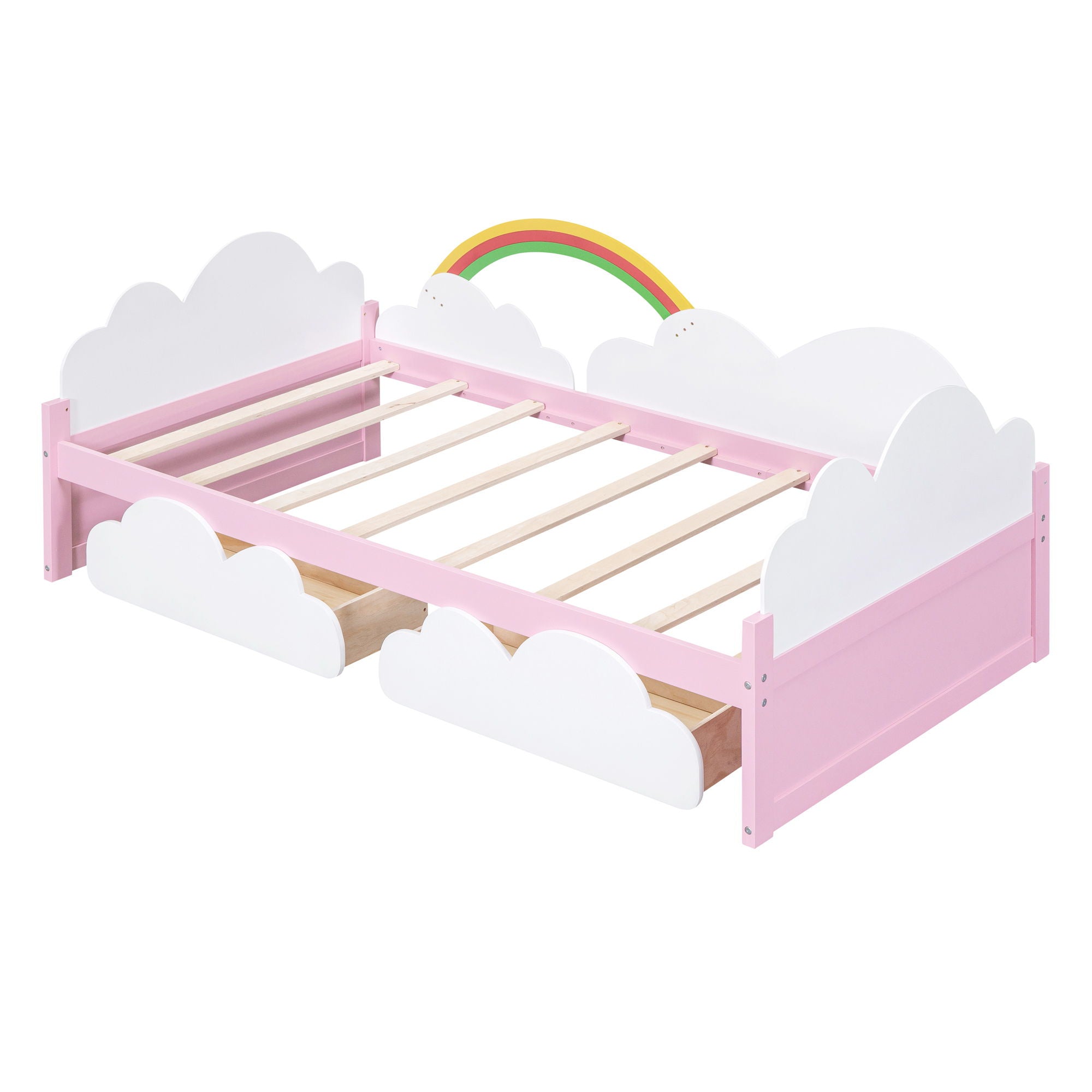 Twin Size Bed With Clouds And Rainbow Decor - Pink / White