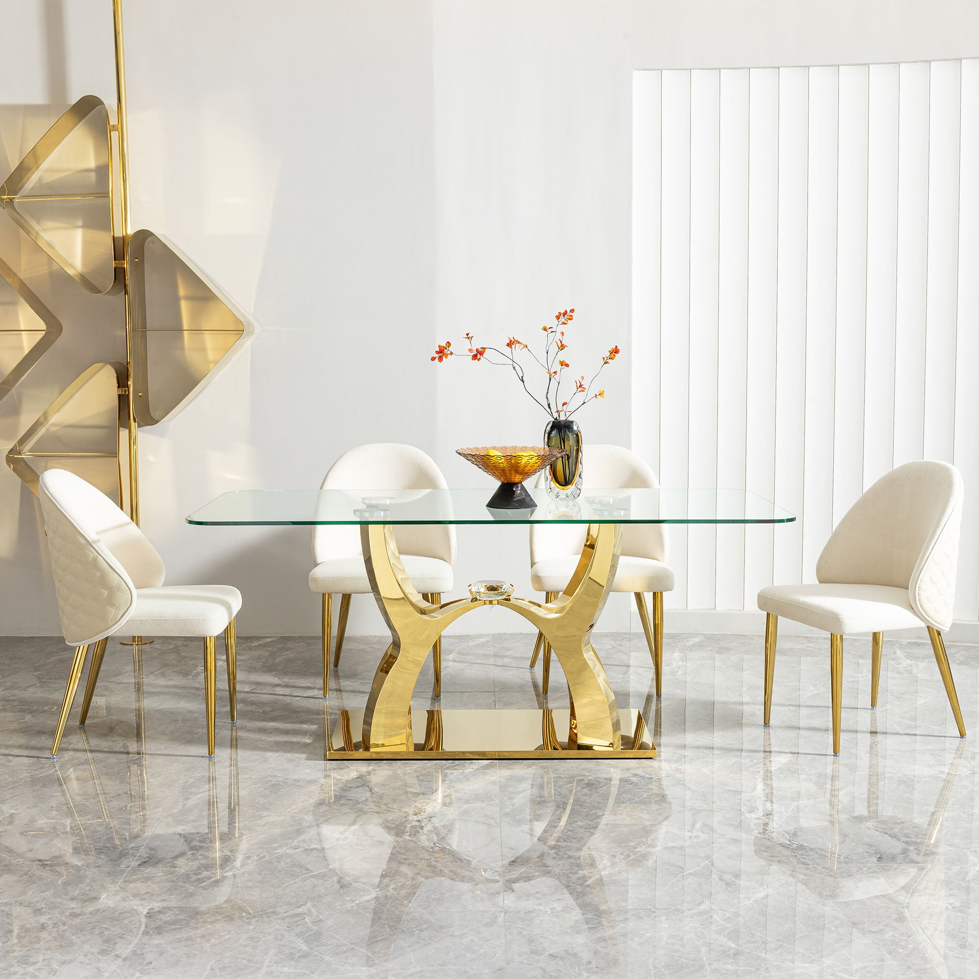 Tempered Clear Glass Rectangular Dining Table With Stainless Steel Base - Gold