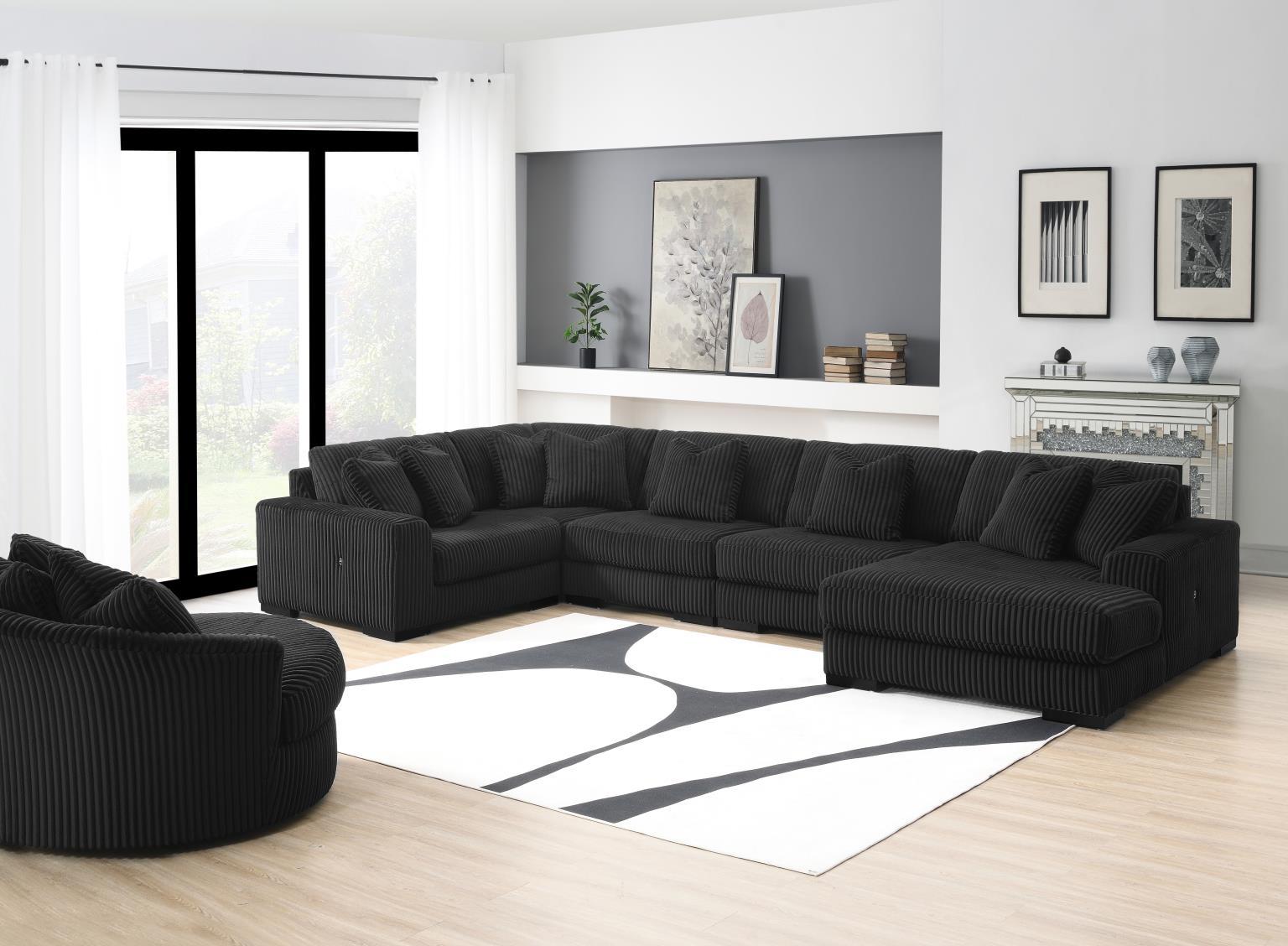 U242 - 7 Piece Setional With Right Chaise (1 RAF Chaise + 3 Armless Chair + 1 LAF + 1 Wedge + 1 Console) - Without Ottoman - Black