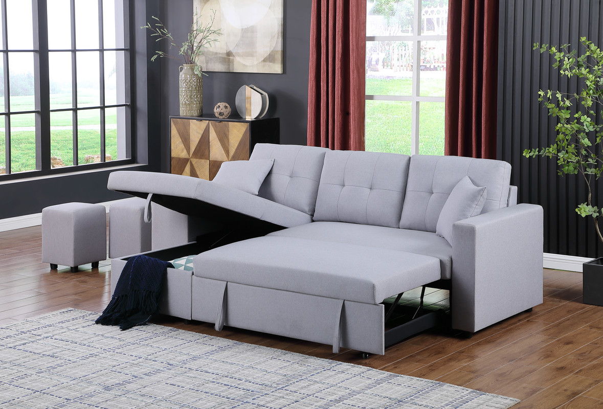 Dennis 93"W Light Gray Linen Fabric Reversible Sleeper Sectional with Storage Chaise and 2 Stools