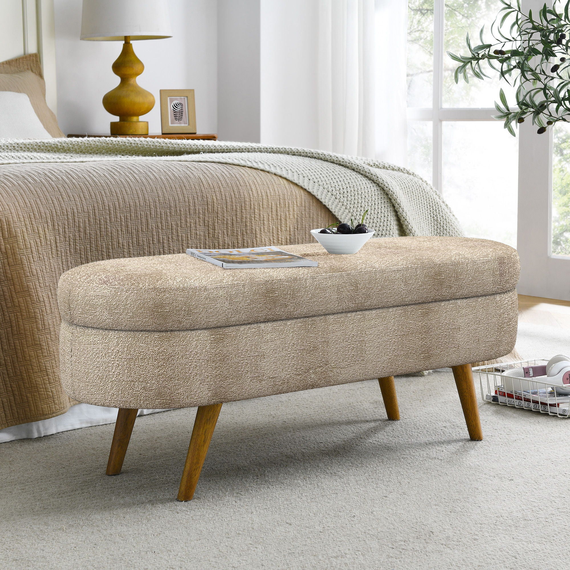 Modern Ottoman Oval Storage Bench With Rubber Wood Legs
