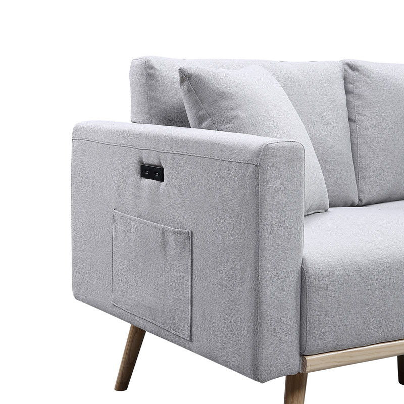 Easton 56.5"W Light Gray Linen Fabric Loveseat with USB Charging Ports Pockets & Pillows