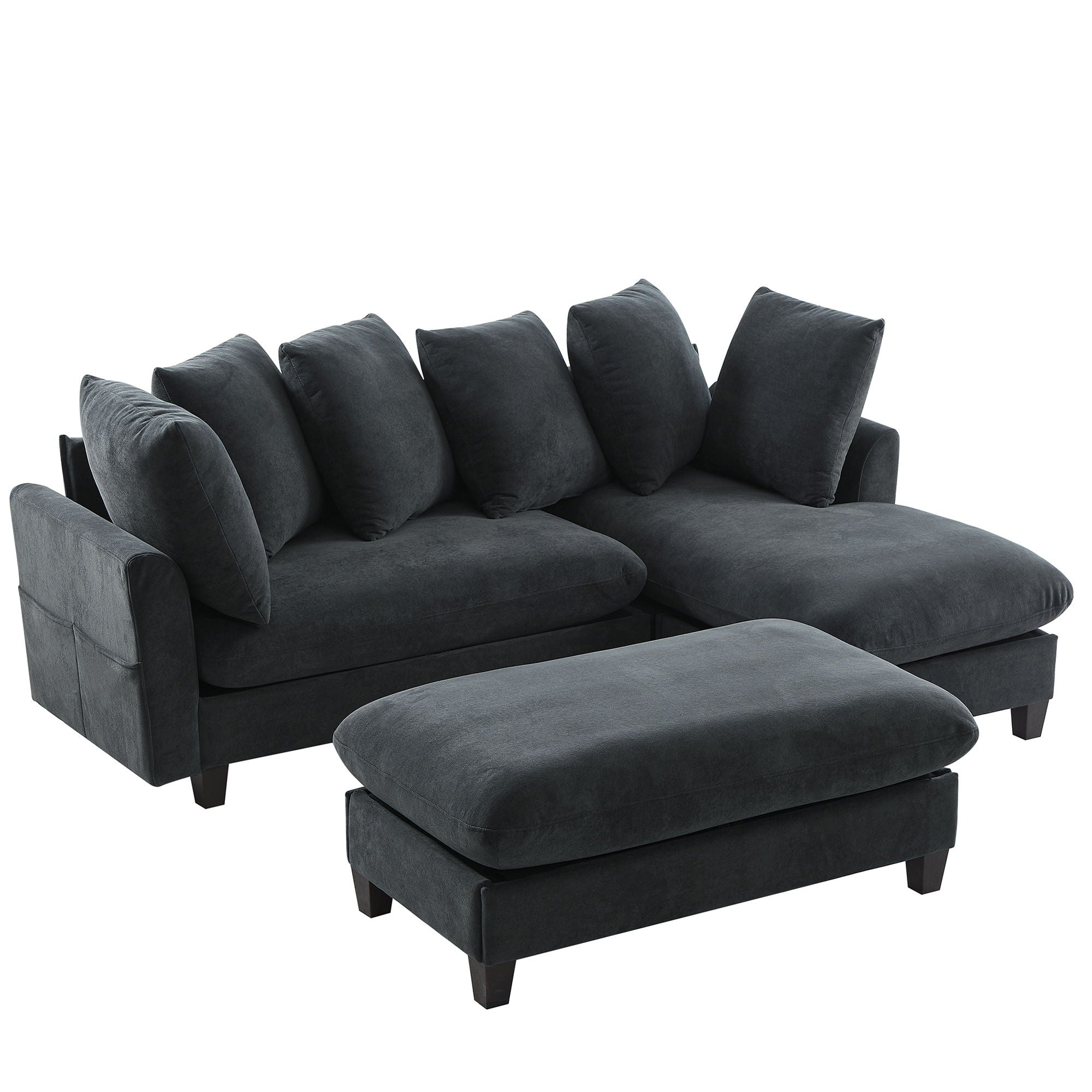 Upholstered L Shaped Sectional Sofa With Storage, Movable Ottoman, And 6 Throw Pillows