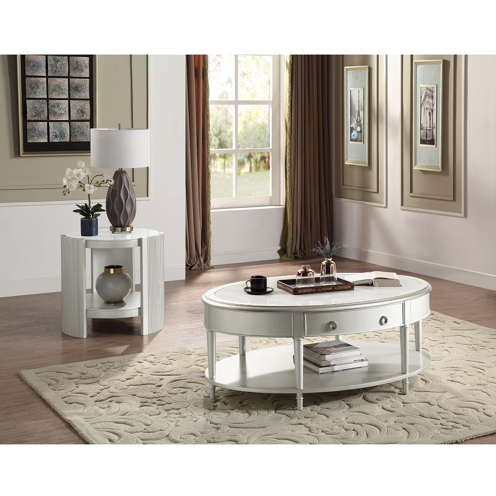 ACME Kasa End Table - Sintered Stone Top & Champagne Finish | Meri Furniture