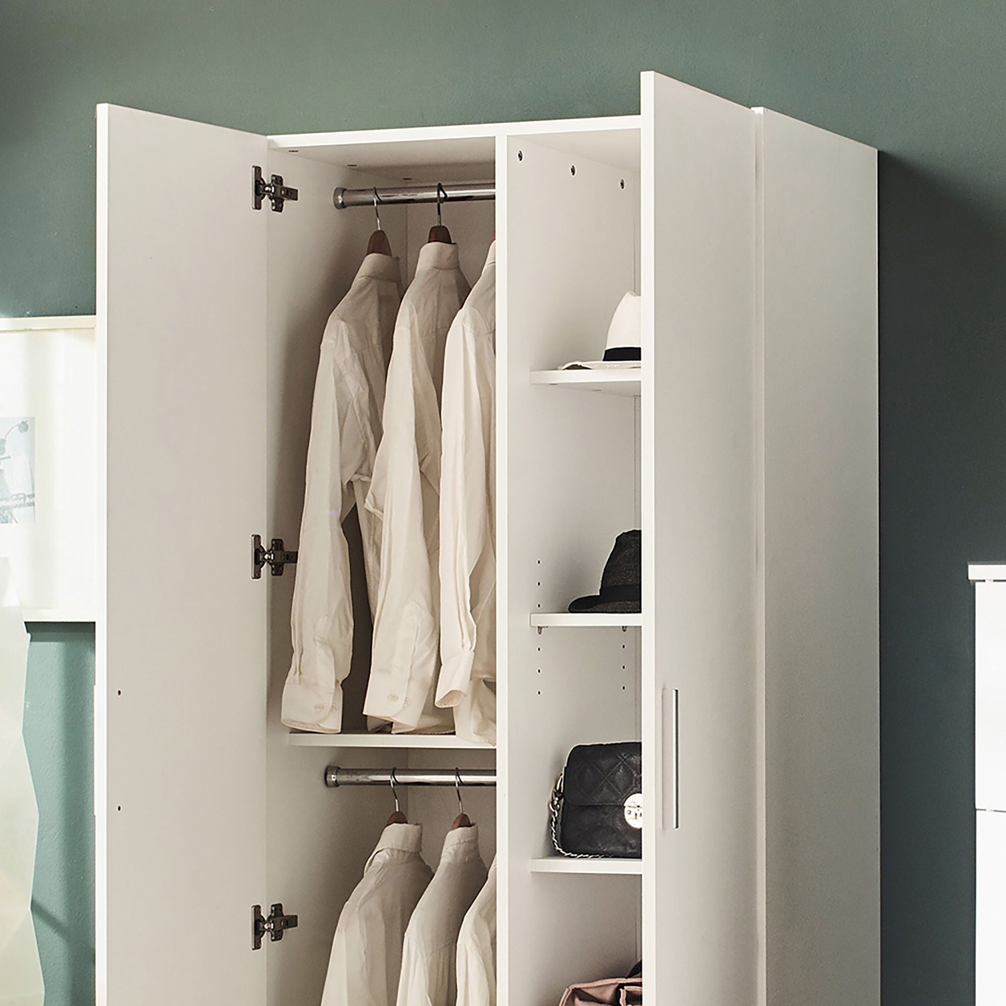 Viviane - Contemporary Wood Closet With Hanging Bars And 5 Shelves - White