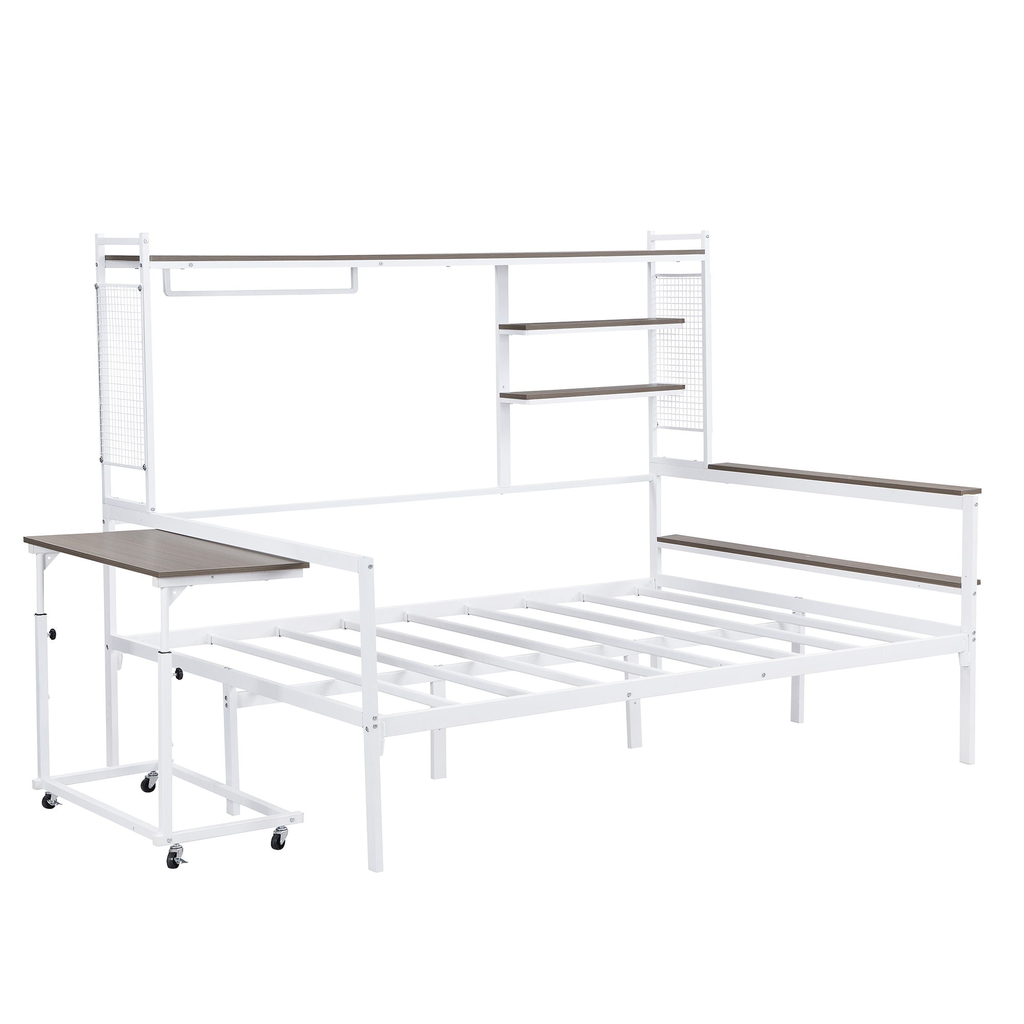 Daybed With Movable Desk, Grid, Shelves And Clothes Hanger