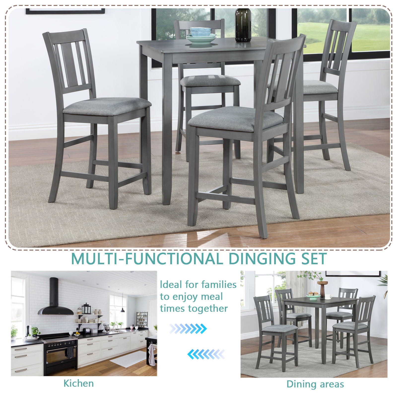 5 Pieces Dining Table Set, Counter Height Kitchen Table Set With Square Table And 4 Upholstered Chairs