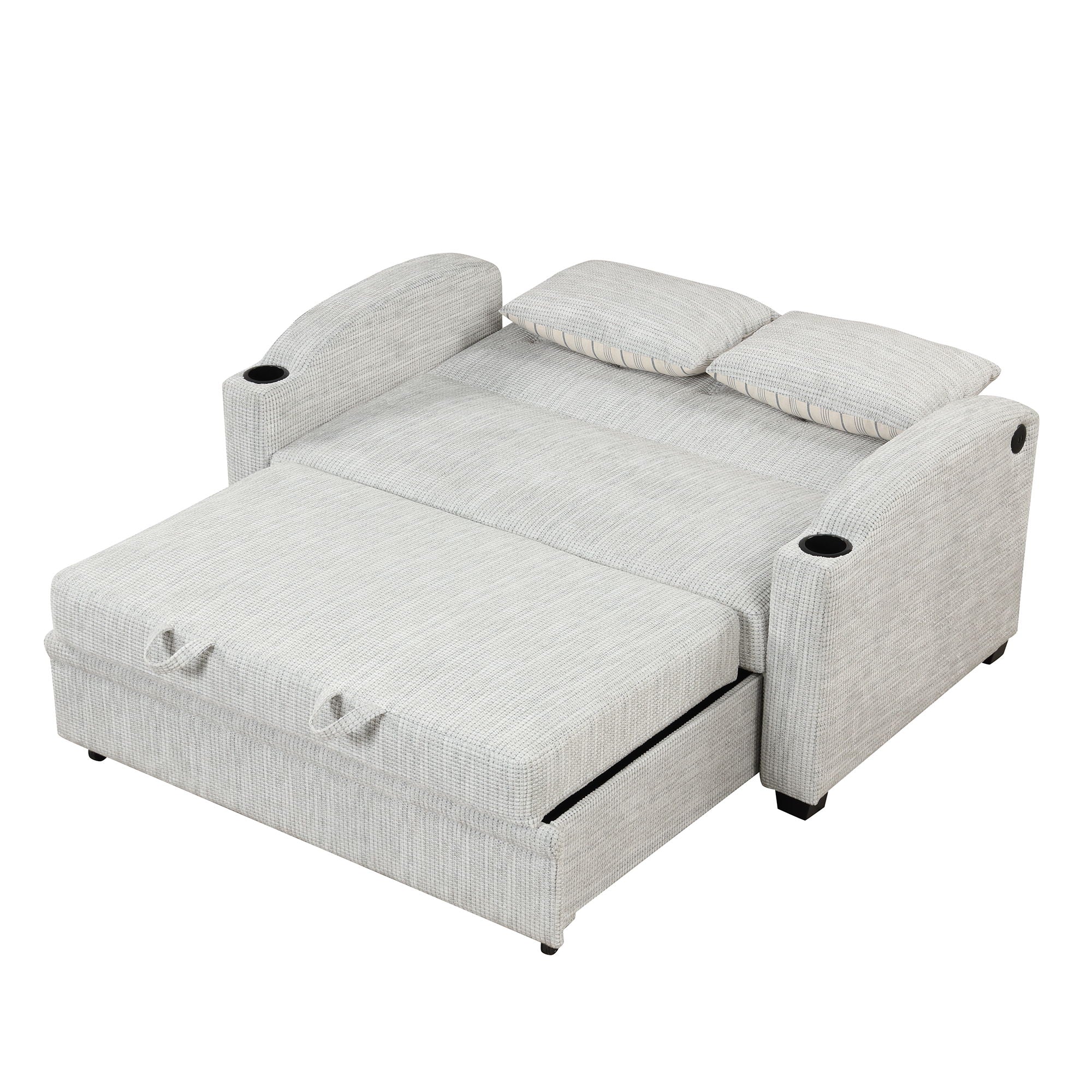 Pull Out Loveseat Sofa With Adjsutable Backrest, 2 Pillows, Cup Holders, USB Ports For Living Room