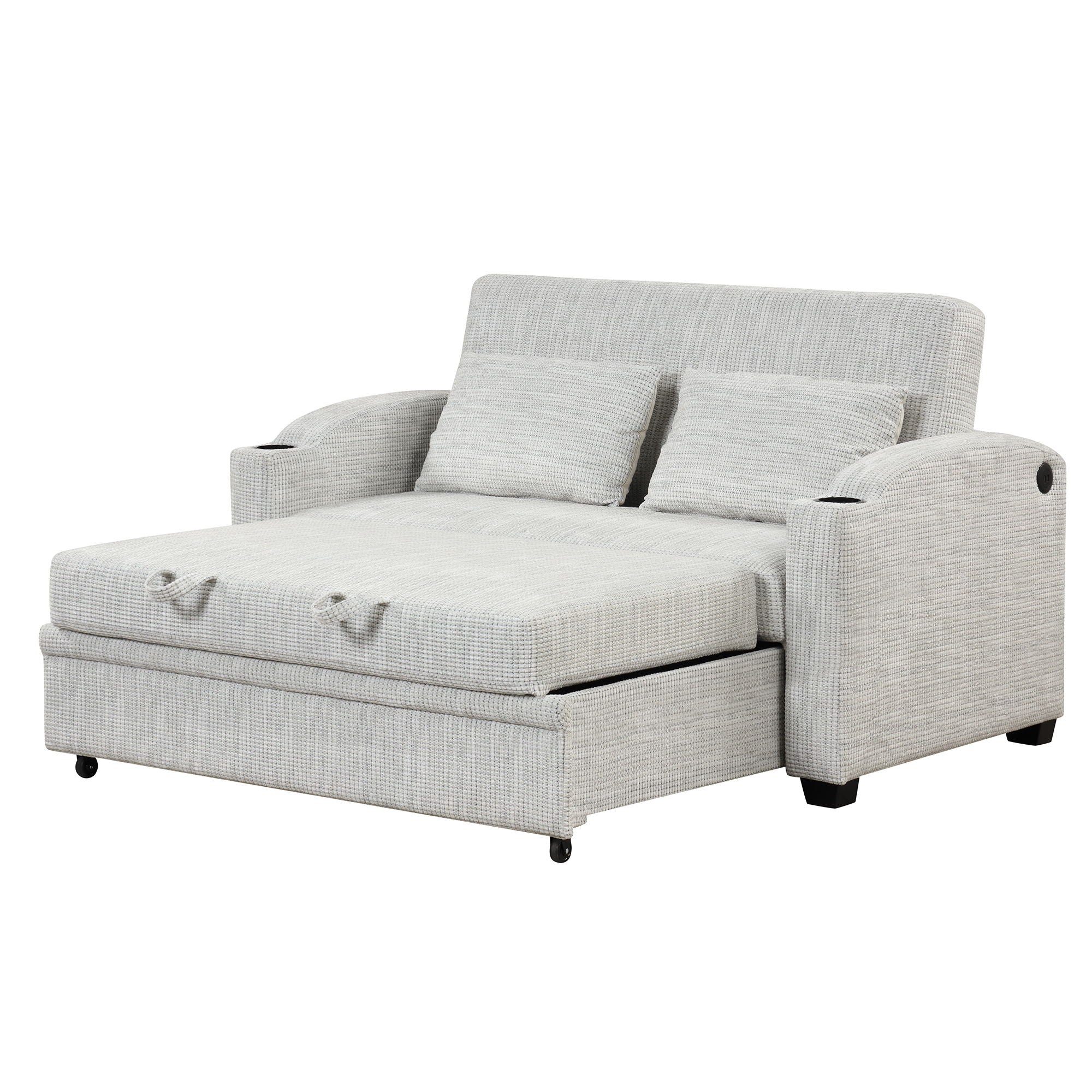 Pull Out Loveseat Sofa With Adjsutable Backrest, 2 Pillows, Cup Holders, USB Ports For Living Room