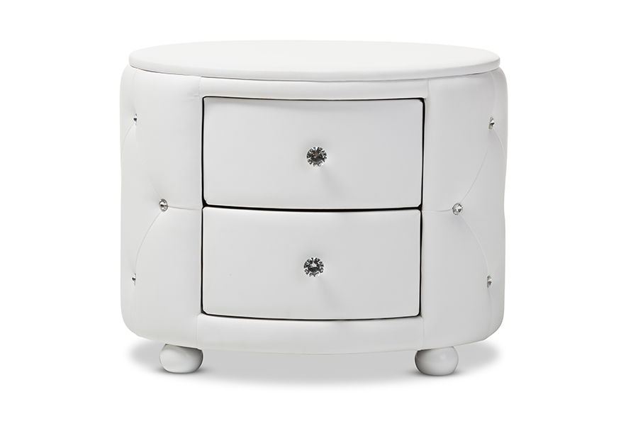 Davina Hollywood Glamour Style Oval 2-drawer White Faux Leather Upholstered Nightstand