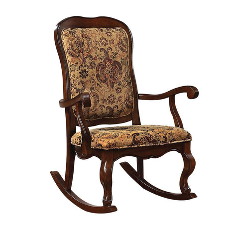 The Sharan rocking chair features a French provincial style with scalloped apron, cabriole front legs, expertly crafted in antique finish.