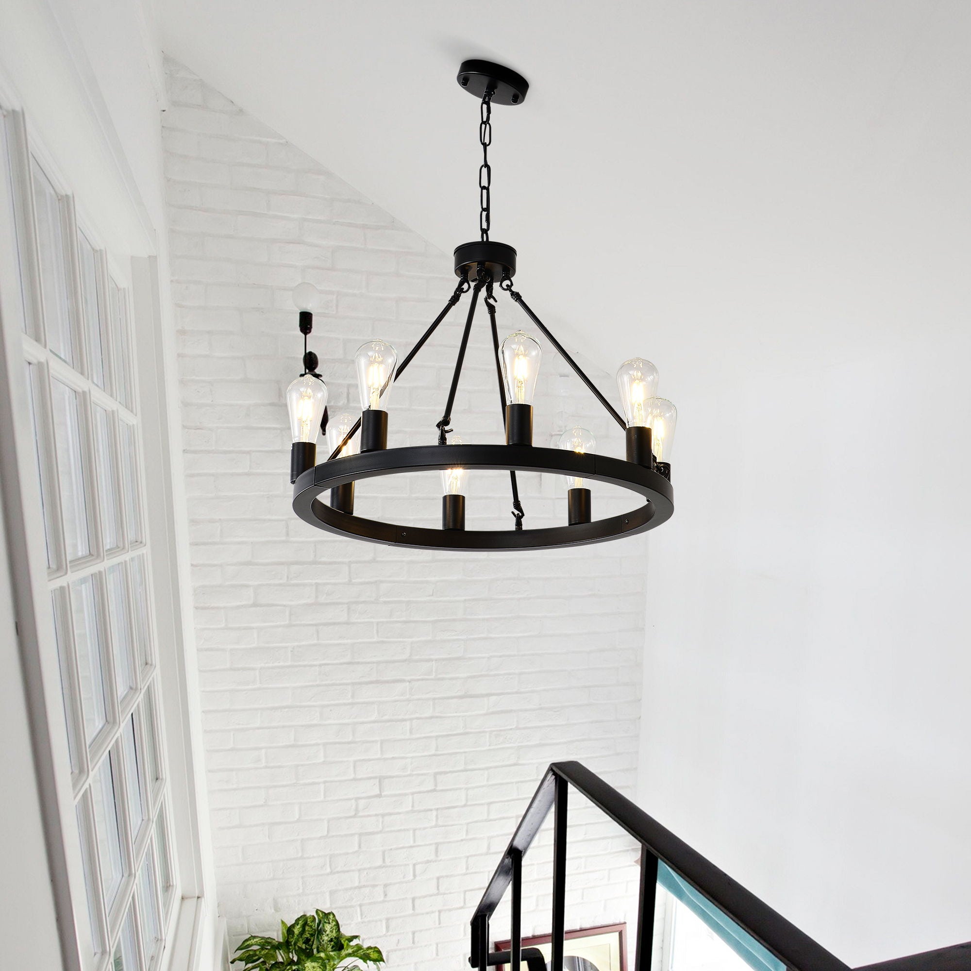 6 Light (No Bulbs) Wagon Wheel Chandelier Farmhouse Modern Small Round Chandelier For Living Room Kitchen Island Foyer Hallway Entryway Bedroom Dining Room Light Fixture Ceiling Hanging - Matte Black