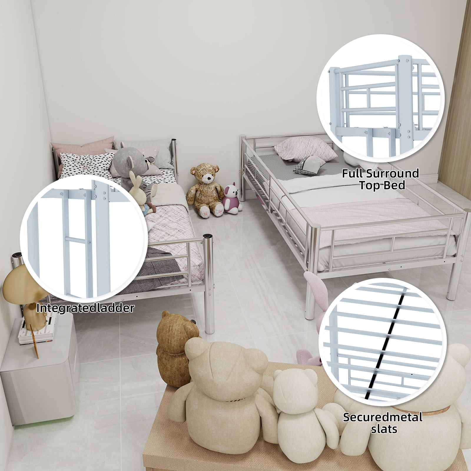 Metal Bunk Bed For Kids, Convertible Bedframe With Ladders & Guardrail