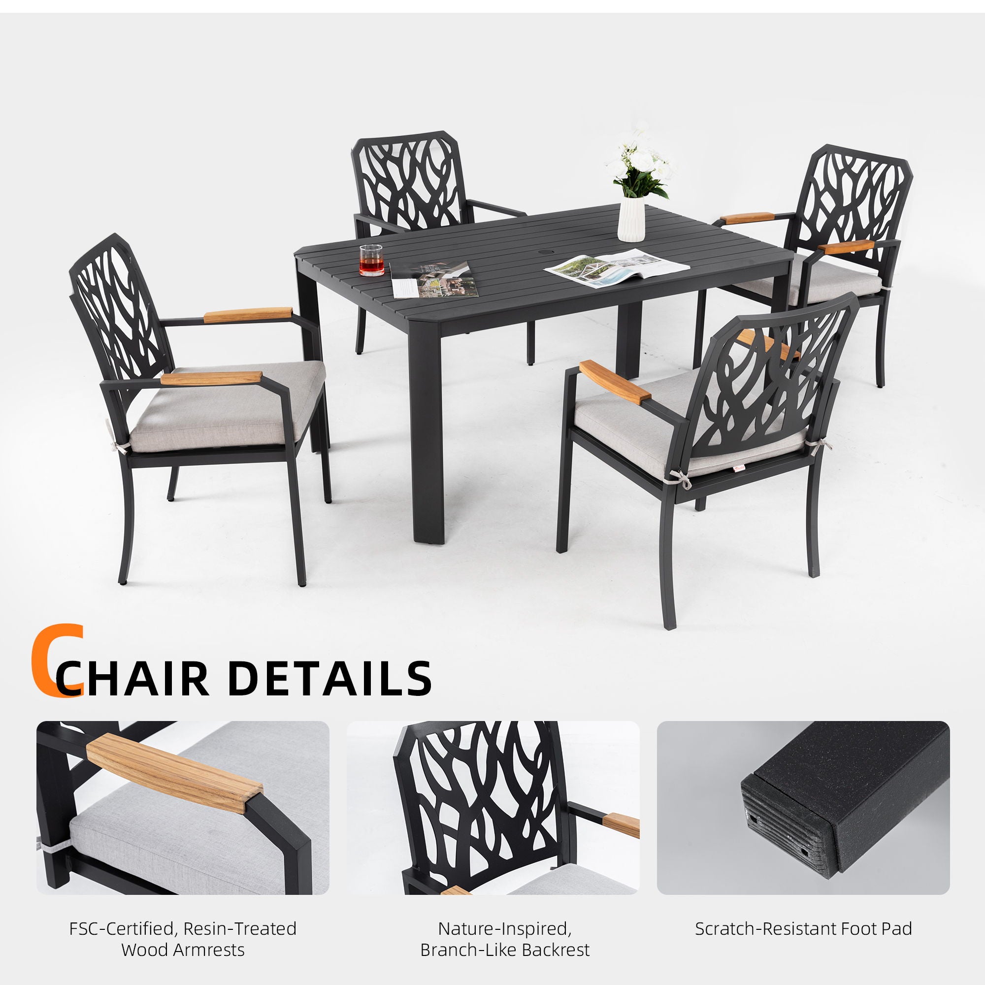 Outdoor Patio Furniture Dining Set With Sunbrella Fabric, Rectangular Table With Umbrella Hole