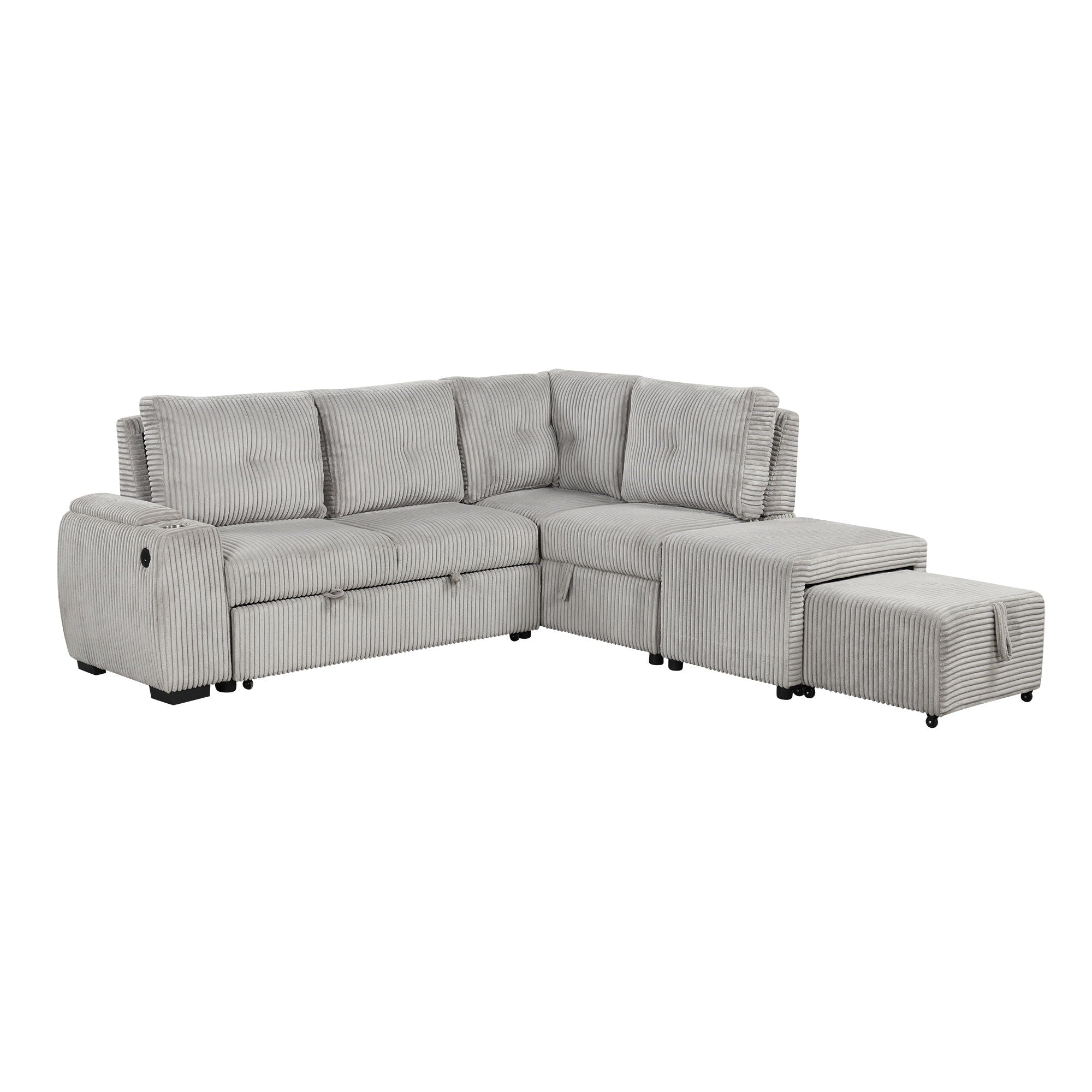 Pull-Out L-Shaped Sectional Sofa With Movable Ottoman And Stool, Large Storage Space, A Cup Holder, And 2 USB Ports For Living Room