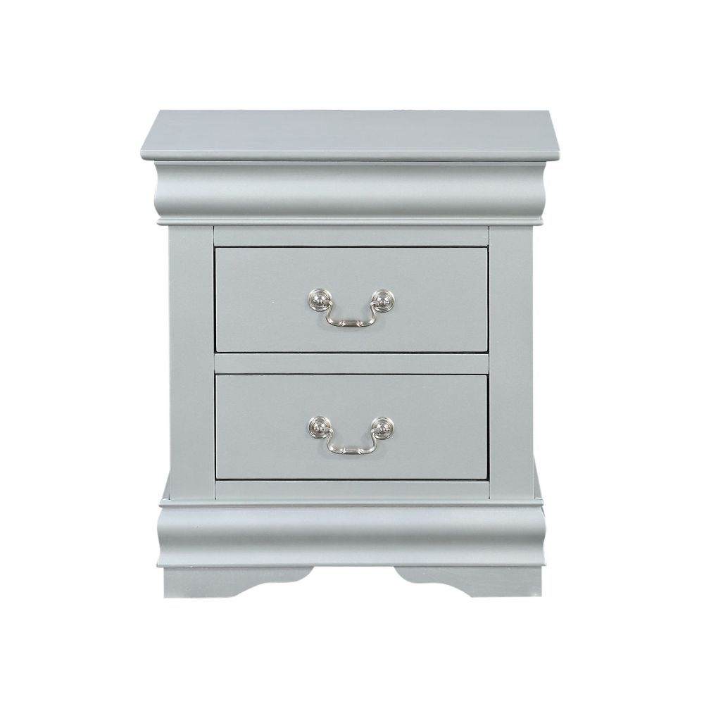 It has two drawers with center metal glide and brushed nickel metal handle. Offers you plentiful storage with spacious drawers