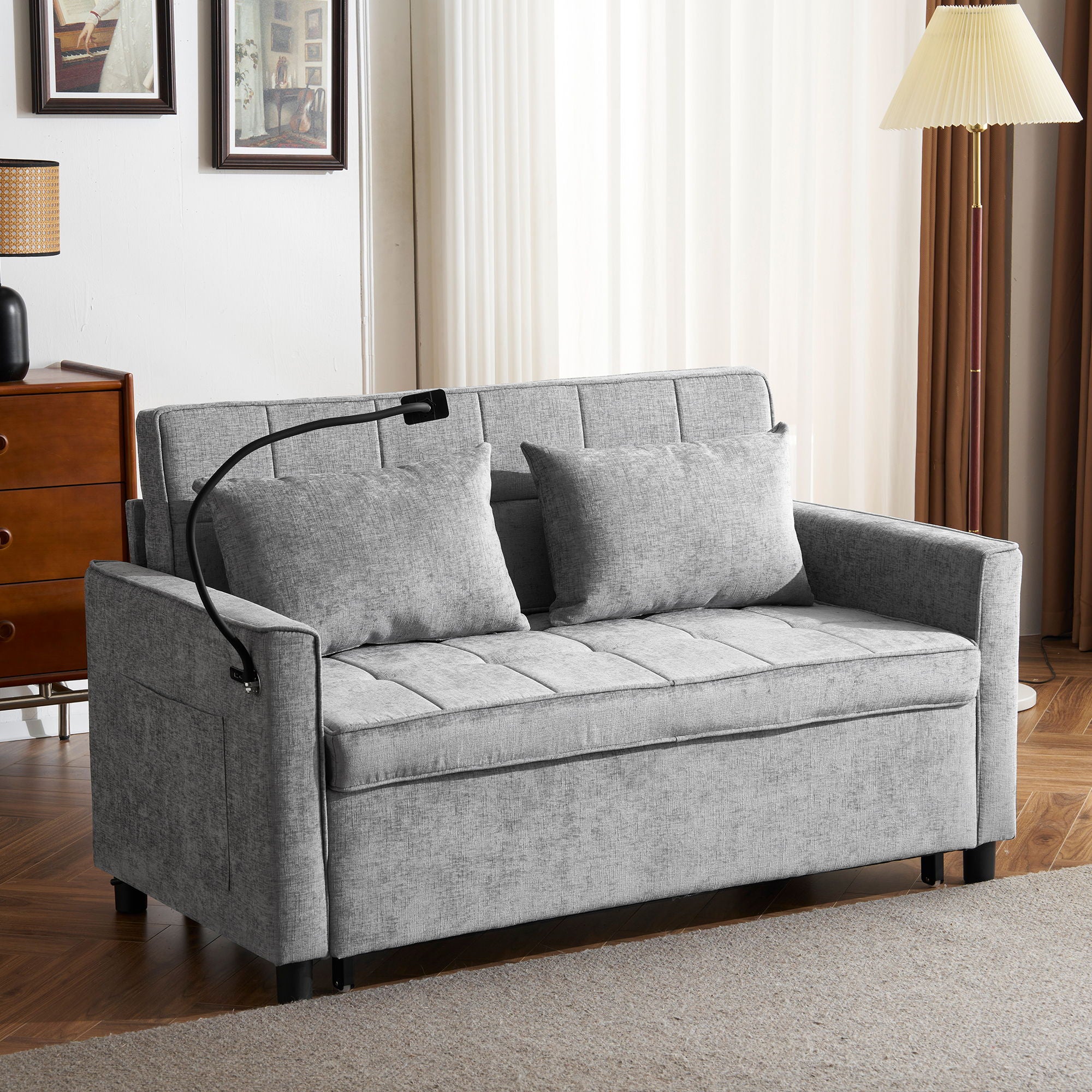 Pull-Out Sleeper Sofa With Reversible Backrest Cushion, Side Pockets, 2 USB Ports And A Phone Holder For Living Room